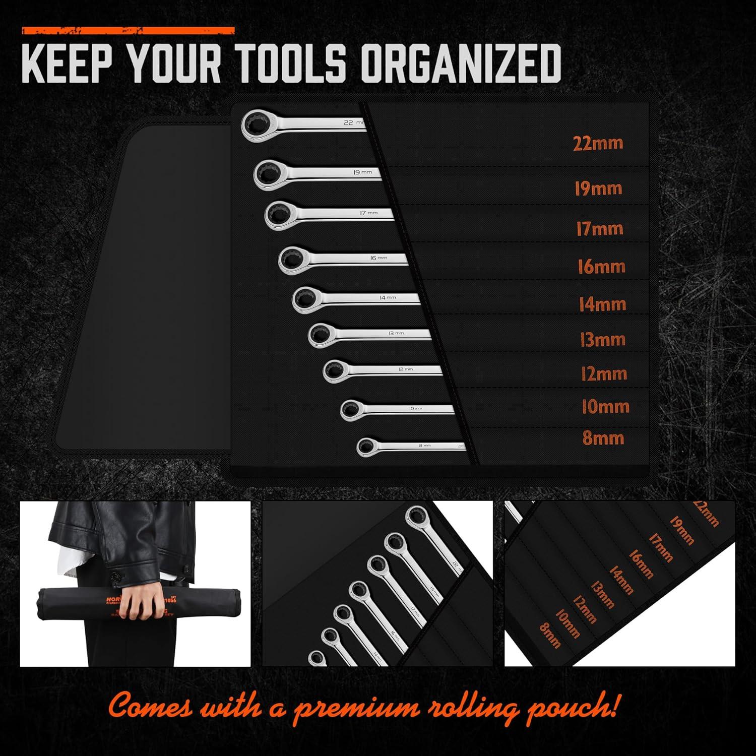 Juego de Llaves de Carraca Extra Largas HORUSDY 9 Piezas 8-22mm