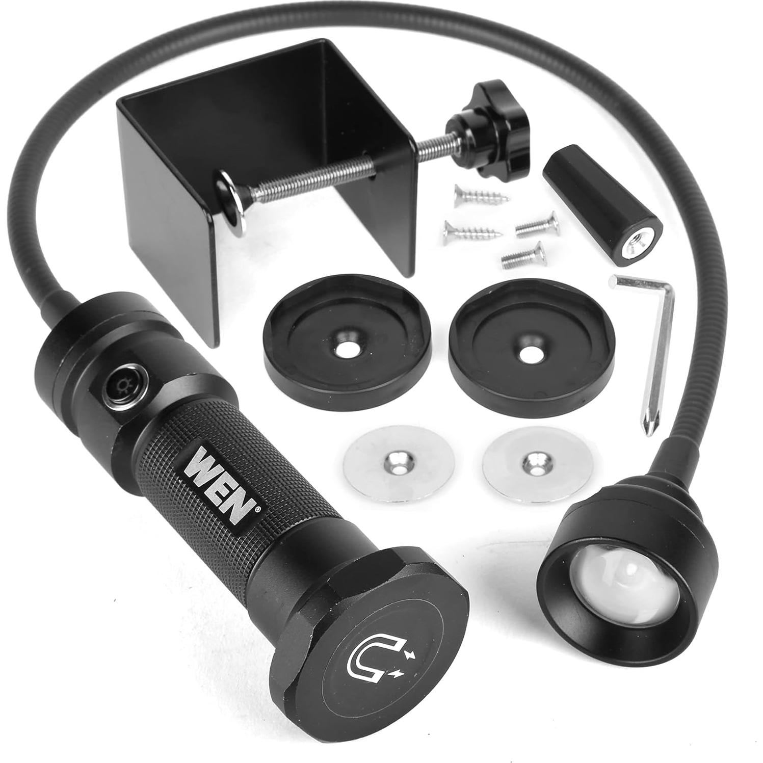 WEN LL2156 21-Inch 1.6-Amp Variable Speed Parallel Arm Scroll Saw with Extra-Large Dual-Bevel Steel Table, Black Orange & WA120L 24-Inch Flexible Magnetic LED Task and Work Light Kit, Black