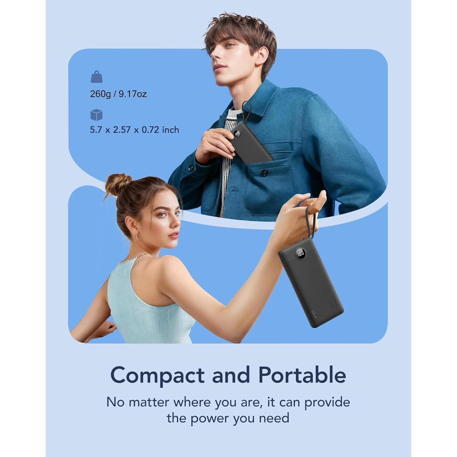 Cargador Portátil VRURC 10000mAh con Cables Integrados - Negro