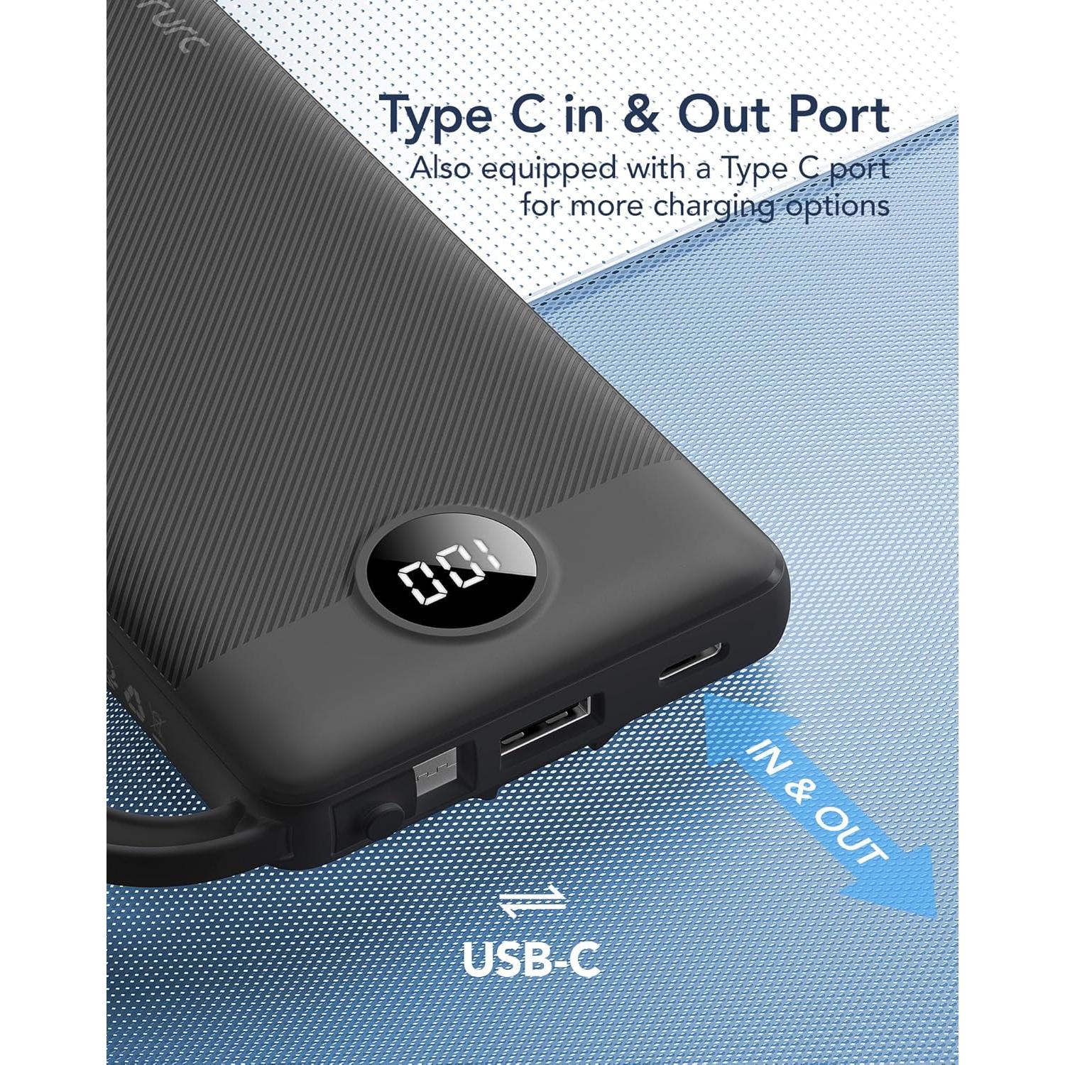 Cargador Portátil VRURC 10000mAh con Cables Integrados - Negro