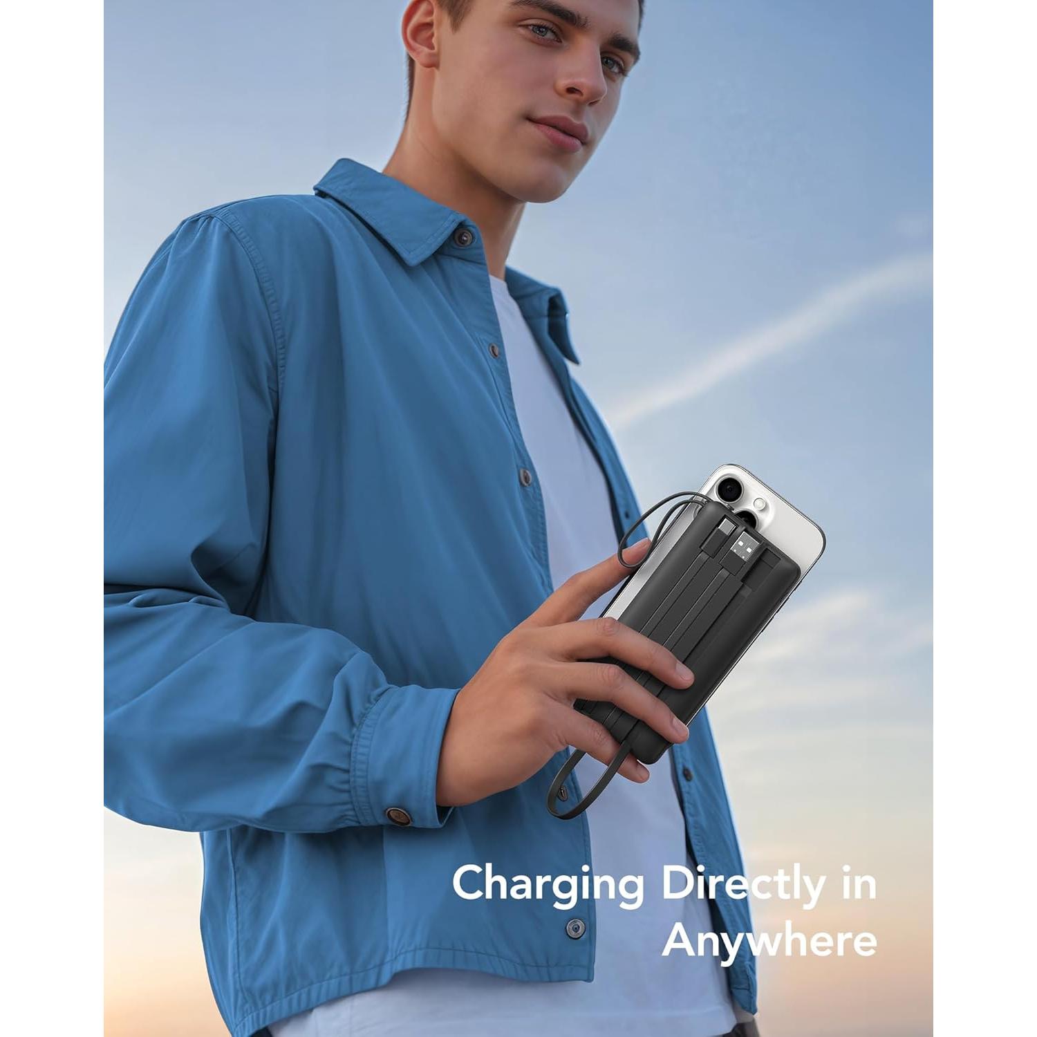 Cargador Portátil VRURC 10000mAh con Cables Integrados - Negro