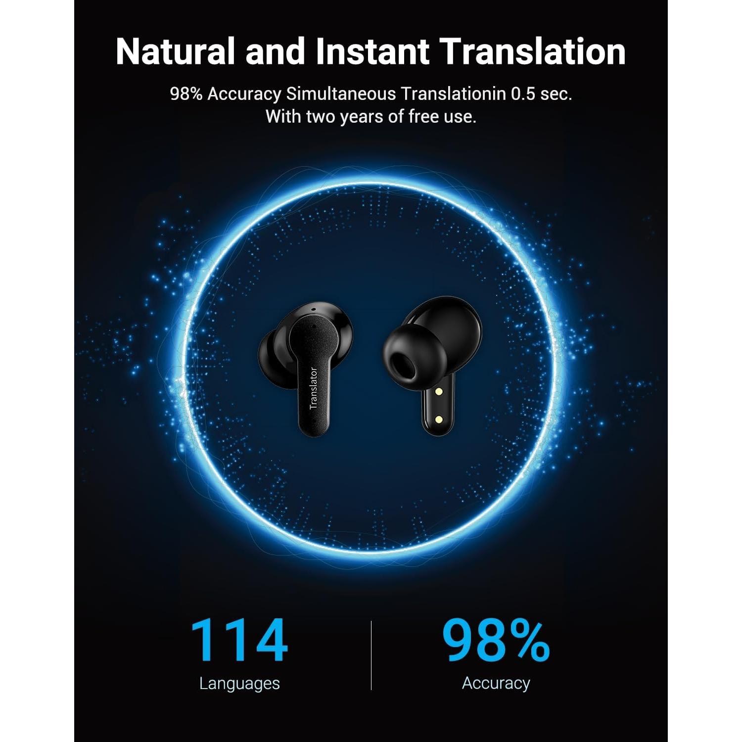 Translation Earbuds Real Time, AI Translator Earbuds with 144 Languages & Accents, Language Translator Earbuds Translating No Monthly Fees for Travel, Business, Learning (Black)