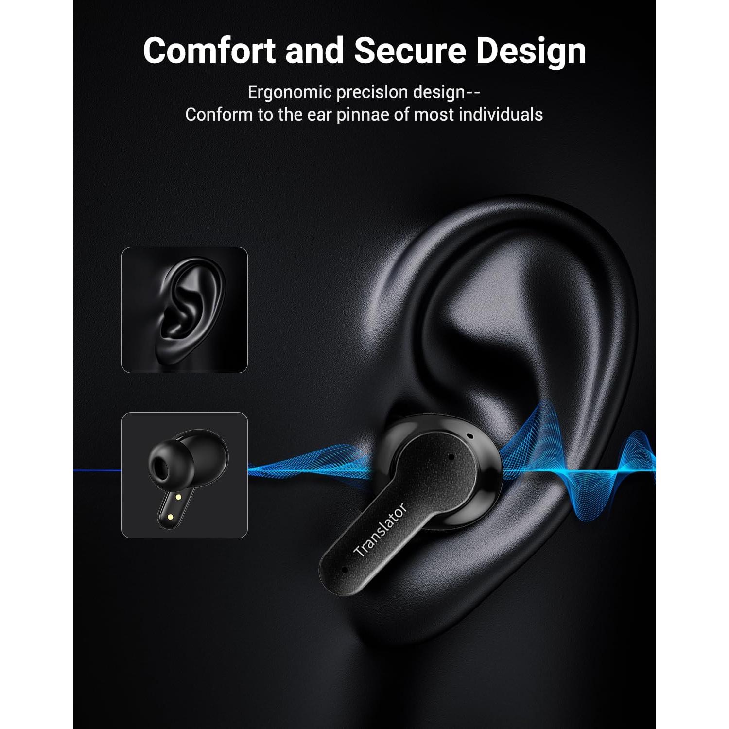 Translation Earbuds Real Time, AI Translator Earbuds with 144 Languages & Accents, Language Translator Earbuds Translating No Monthly Fees for Travel, Business, Learning (Black)