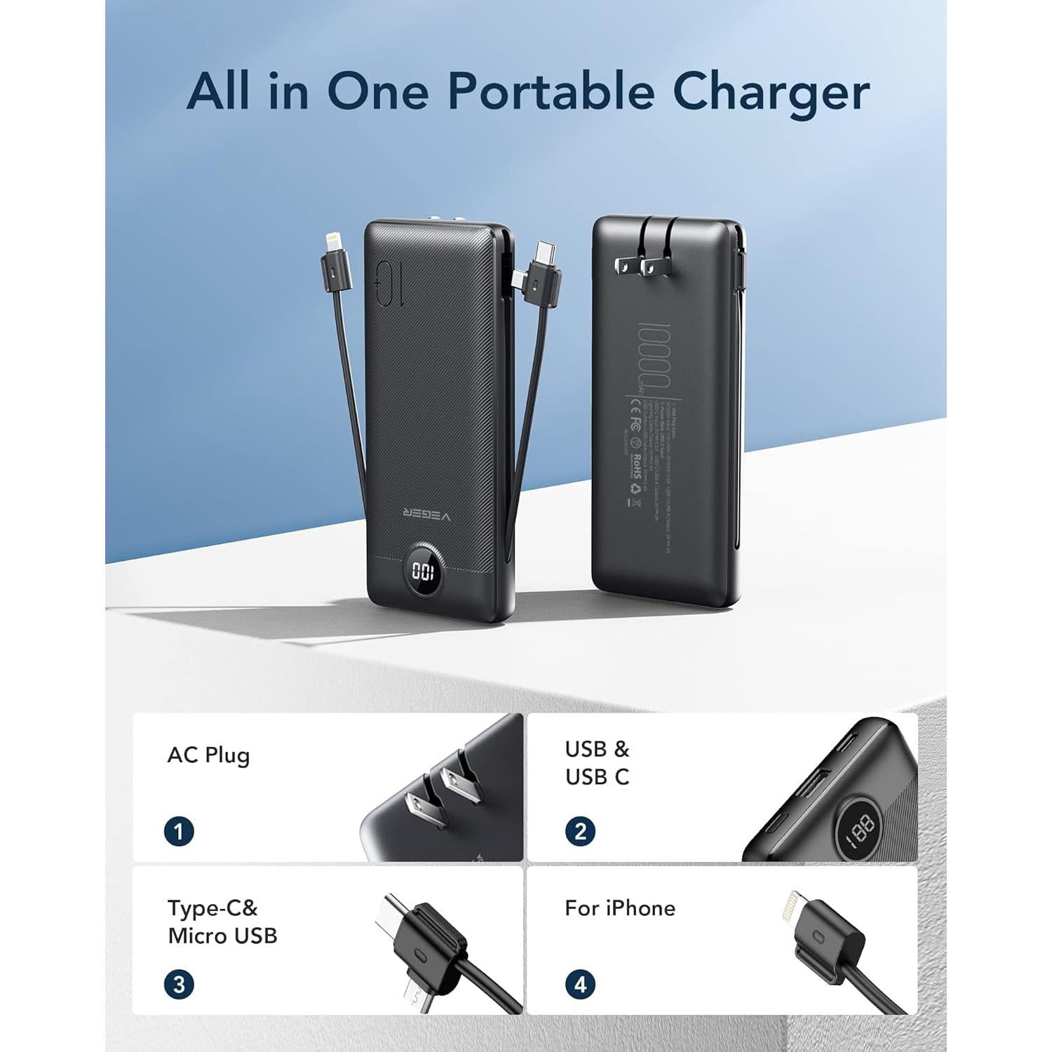 Cargador Portátil VEGER 10000mAh con Cables Integrados USB-C