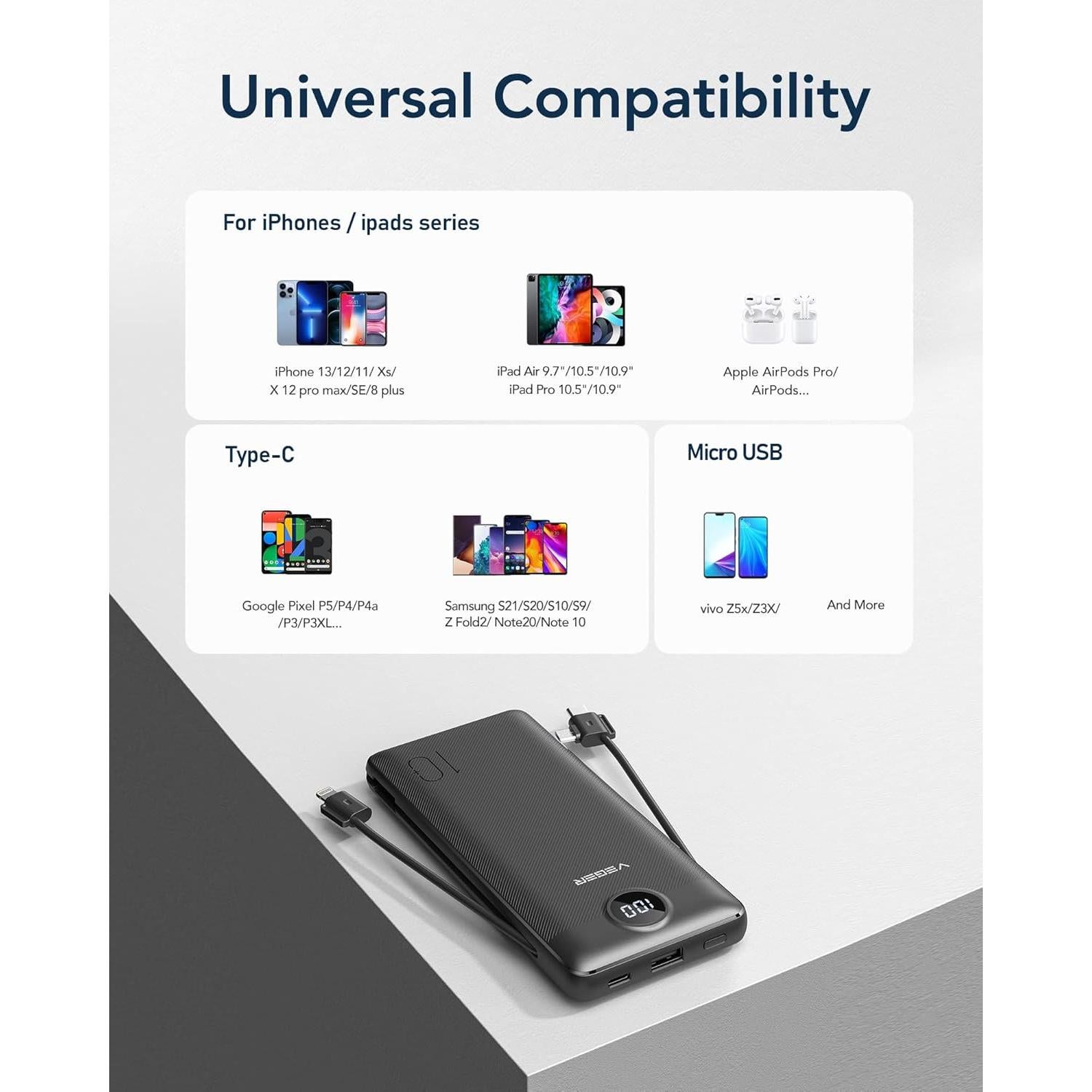 Cargador Portátil VEGER 10000mAh con Cables Integrados USB-C