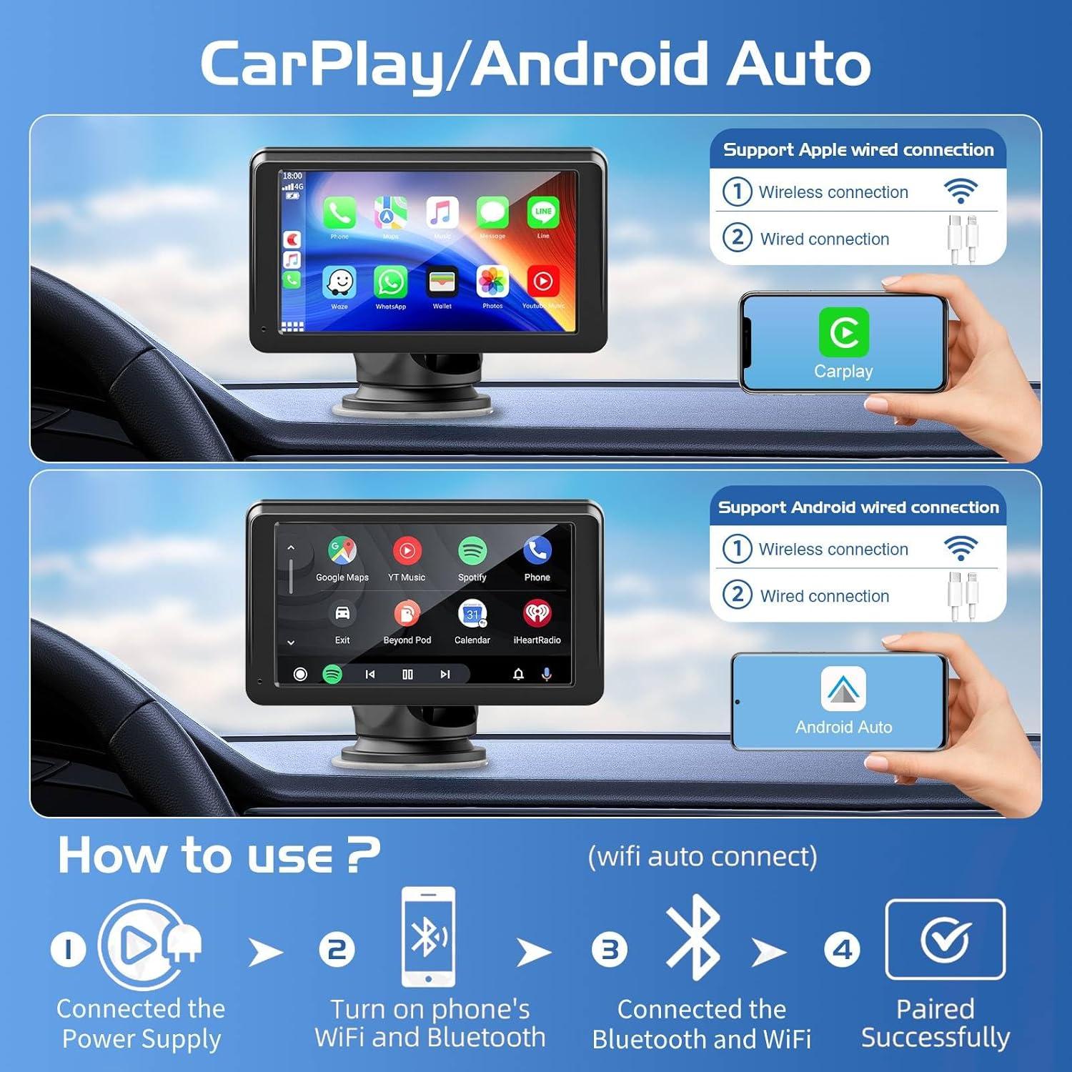 Pantalla Inalámbrica Portátil 7" Carplay MRQ con Cámara 1080P