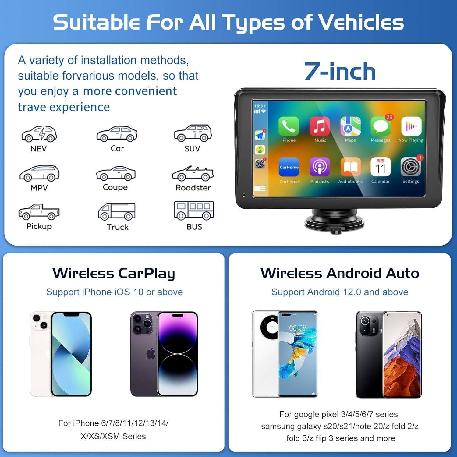 Pantalla Inalámbrica Portátil 7" Carplay MRQ con Cámara 1080P