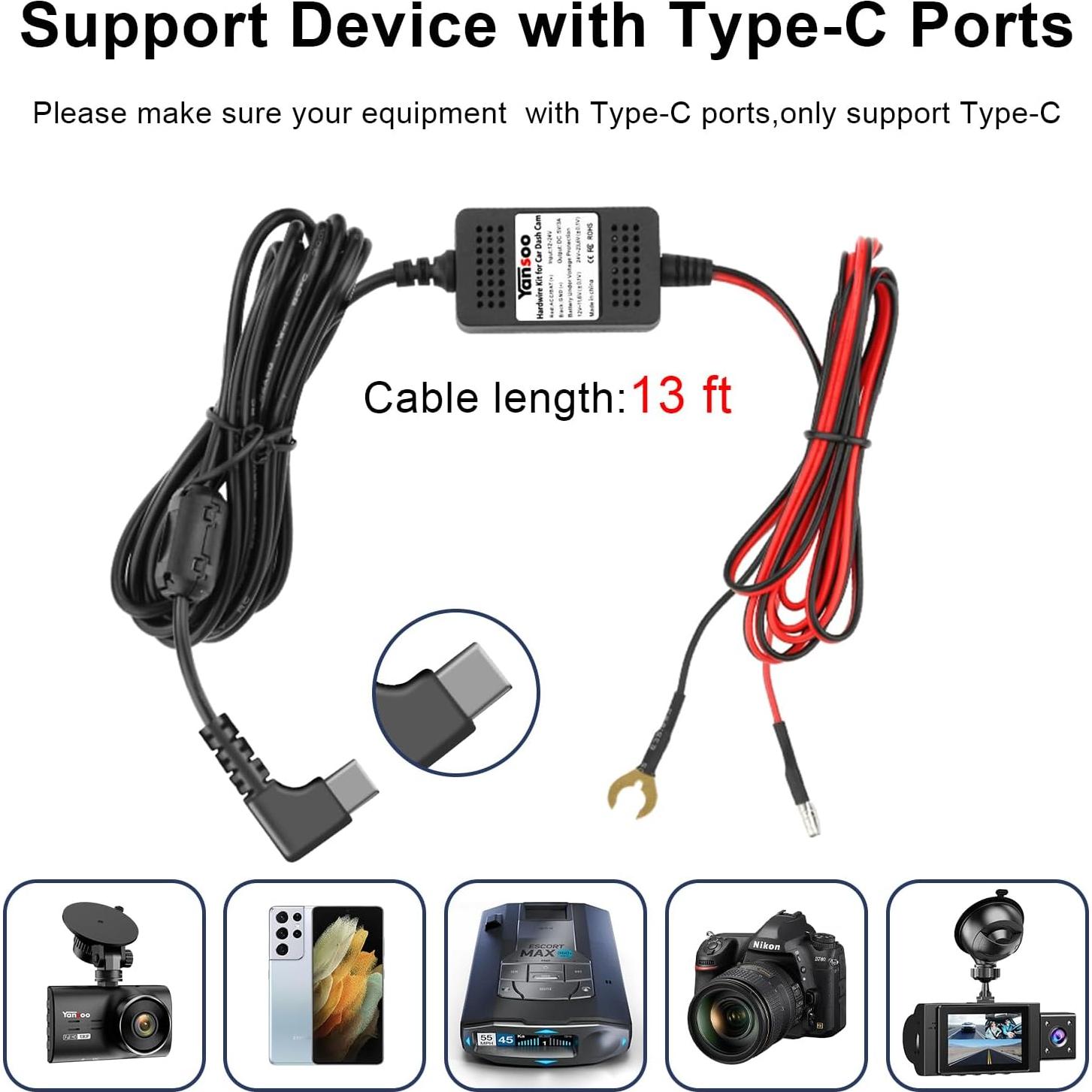 Dash Cam Hardwire Kit USB C,13ft Type-C Hard Wire Kit for Dash Camera,USB C Hard Wire Kit Fuse for Dashcam,12V-24V to 5V Hardwire Kit Car Camera Charger Power Cord with Low Voltage Protection