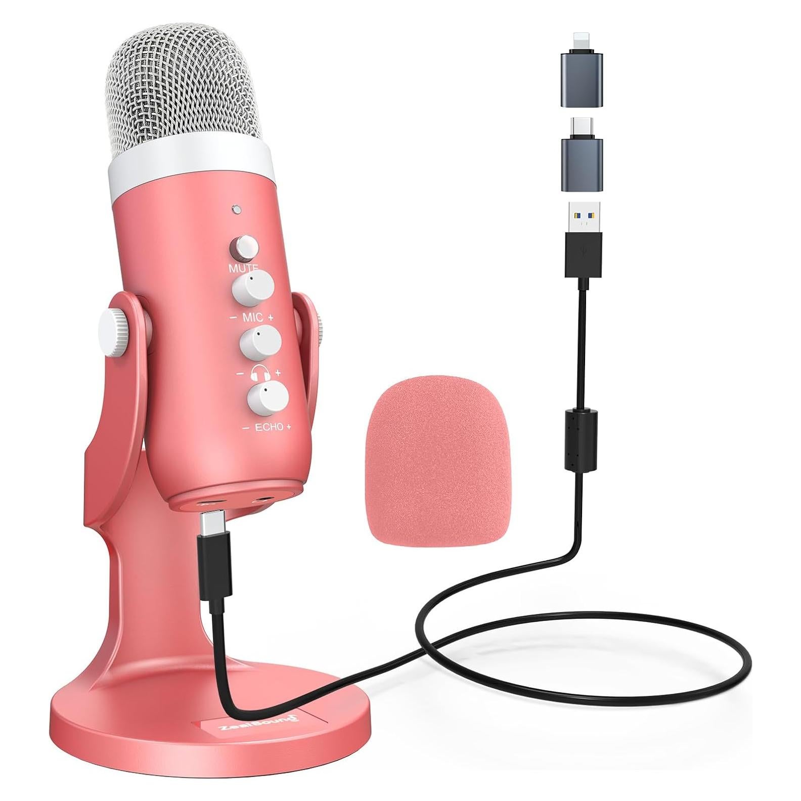 Micrófono USB ZealSound K66 Rosa Perlescente con Control de Volumen