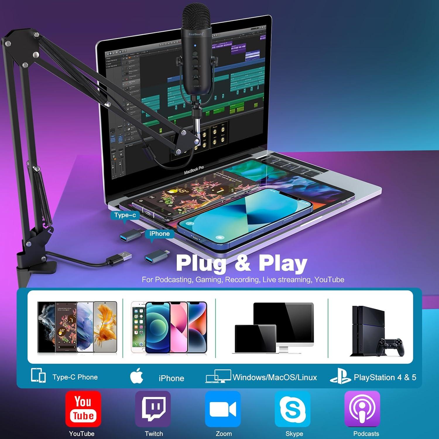 Micrófono Gaming USB ZealSound K66 con Brazo Soporte y Cancelación Ruido