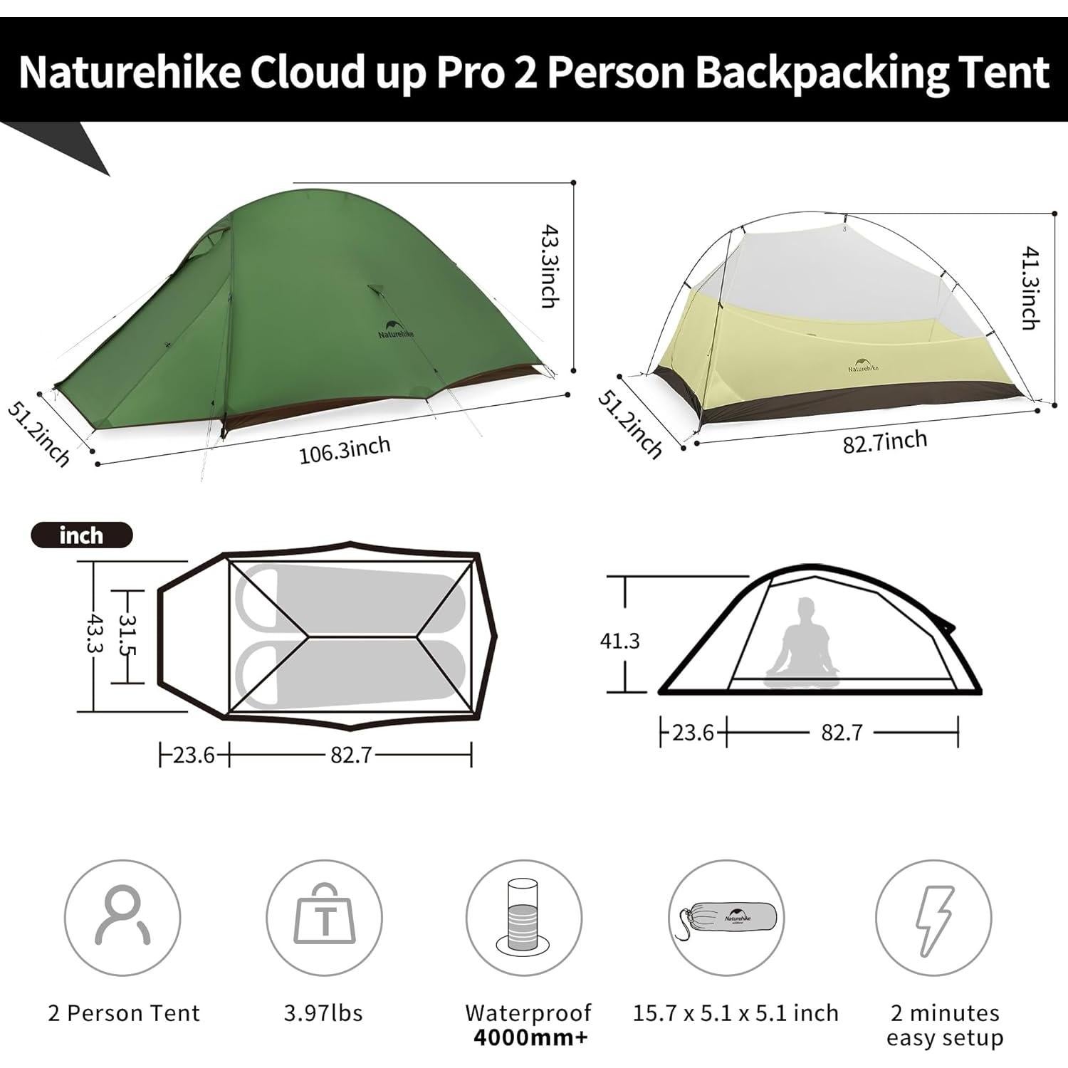 Carpa Naturehike Cloud-Up Pro 2 Personas Impermeable 4000mm