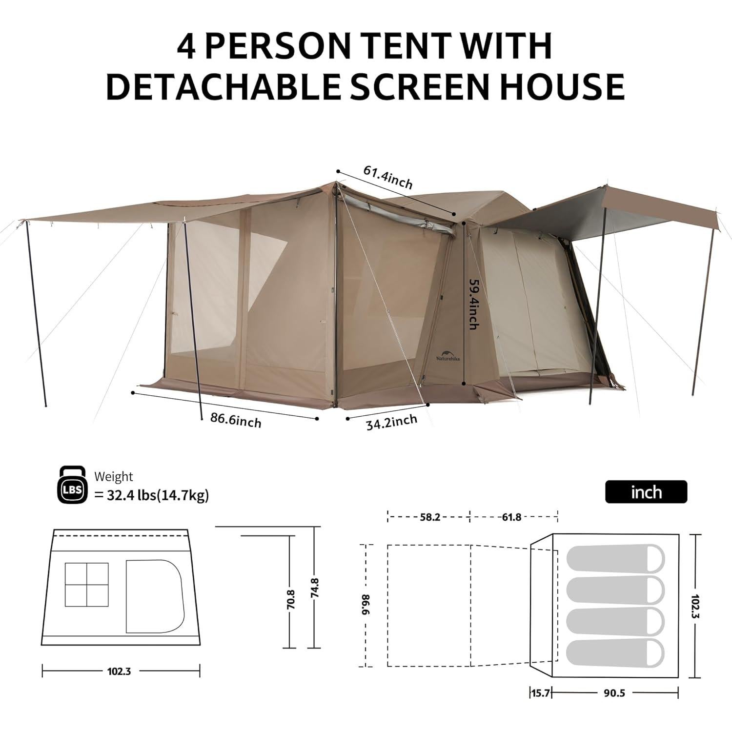 Tienda de Camping Naturehike para 4 Personas con Porche Mosquitera