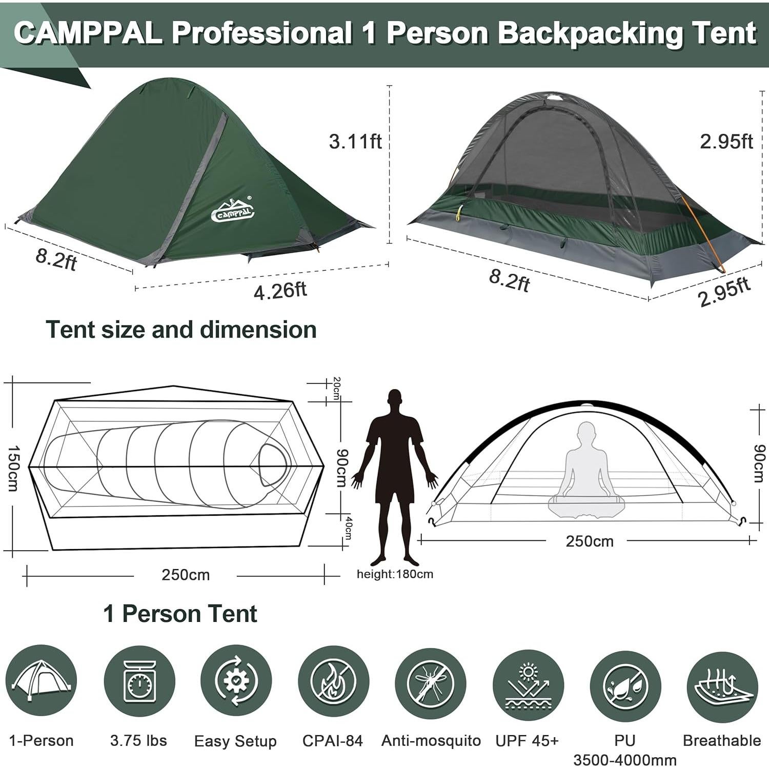 Carpa Camppal para 1 Persona 4 Estaciones Impermeable Verde