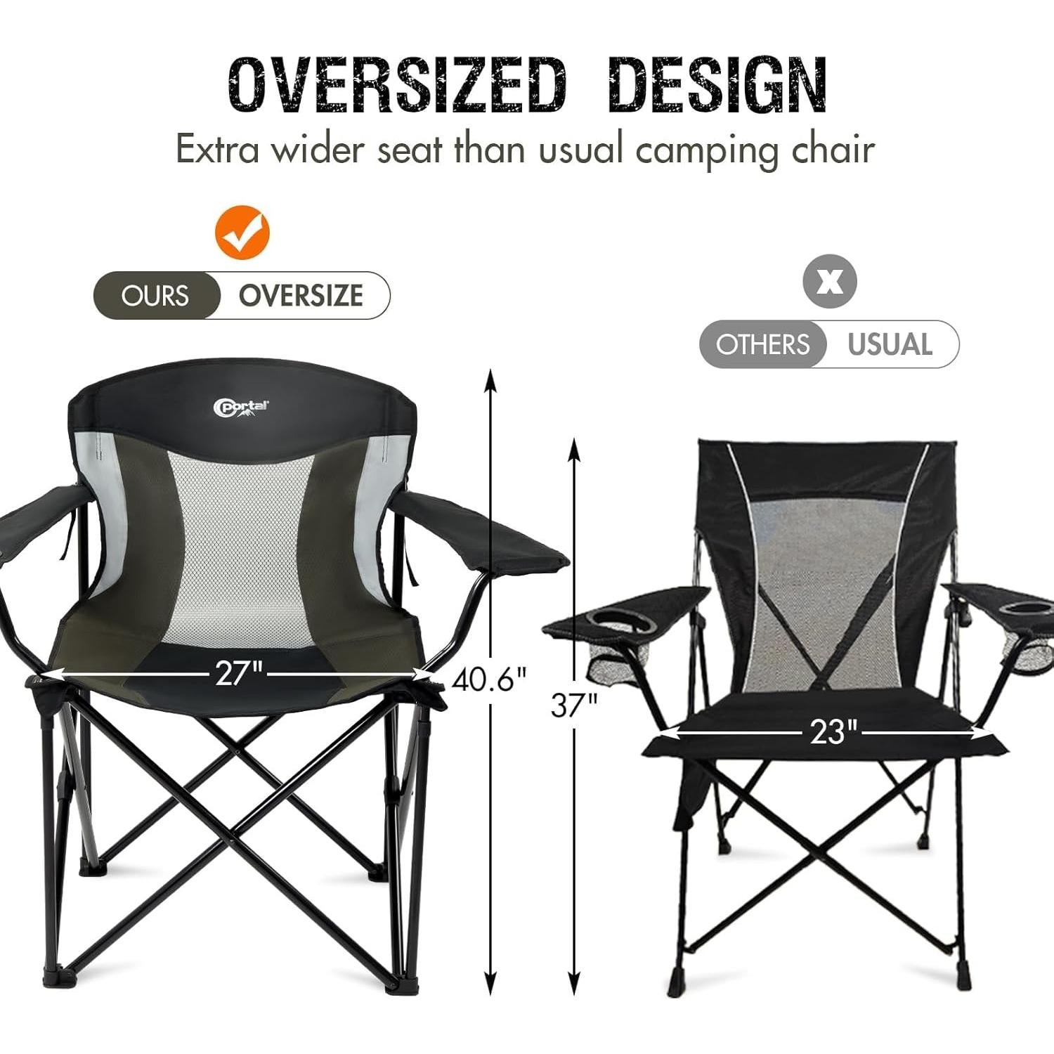Silla de Camping Plegable PORTAL XXL, Soporta 272 kg, Negro/Gris