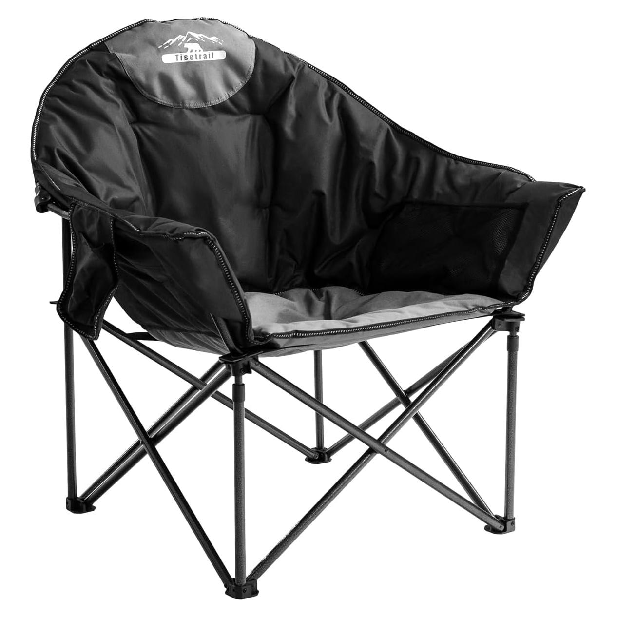 Oversized Camping Chair Padded Moon Round Saucer Chair with Cup Holder and Carry Bag Folding Comfy Sofa Chair for Lawn Patio Sports, Supports 500lbs, Black & Gray