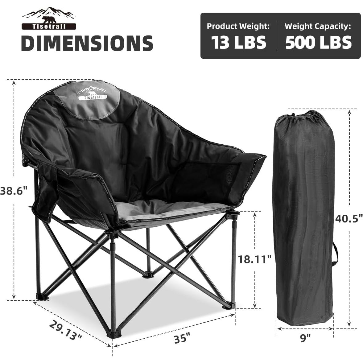 Oversized Camping Chair Padded Moon Round Saucer Chair with Cup Holder and Carry Bag Folding Comfy Sofa Chair for Lawn Patio Sports, Supports 500lbs, Black & Gray