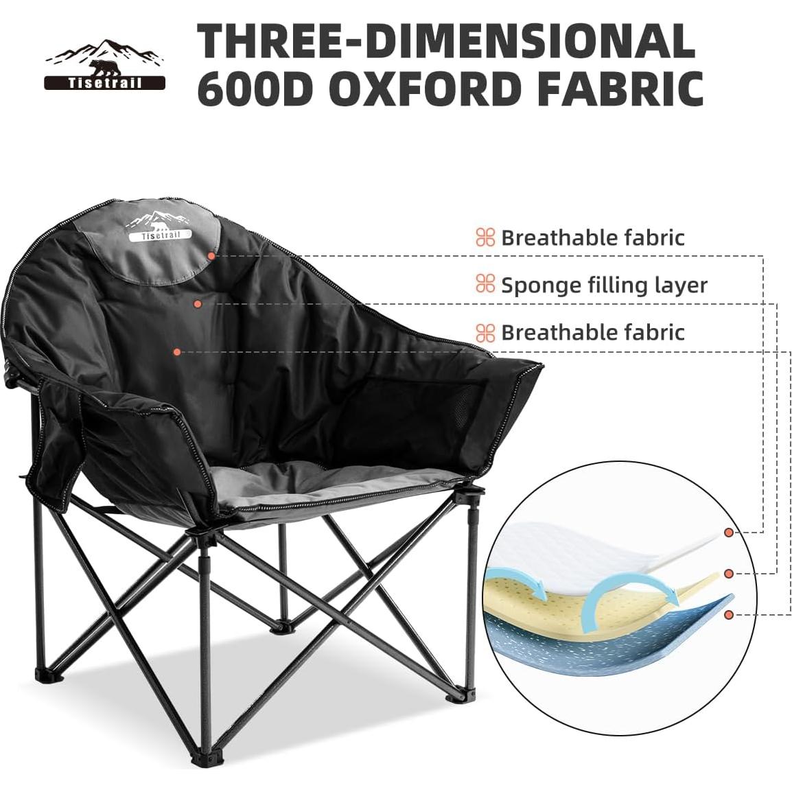 Oversized Camping Chair Padded Moon Round Saucer Chair with Cup Holder and Carry Bag Folding Comfy Sofa Chair for Lawn Patio Sports, Supports 500lbs, Black & Gray