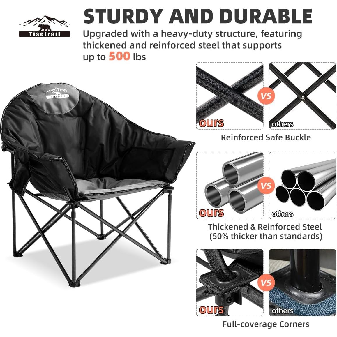 Oversized Camping Chair Padded Moon Round Saucer Chair with Cup Holder and Carry Bag Folding Comfy Sofa Chair for Lawn Patio Sports, Supports 500lbs, Black & Gray