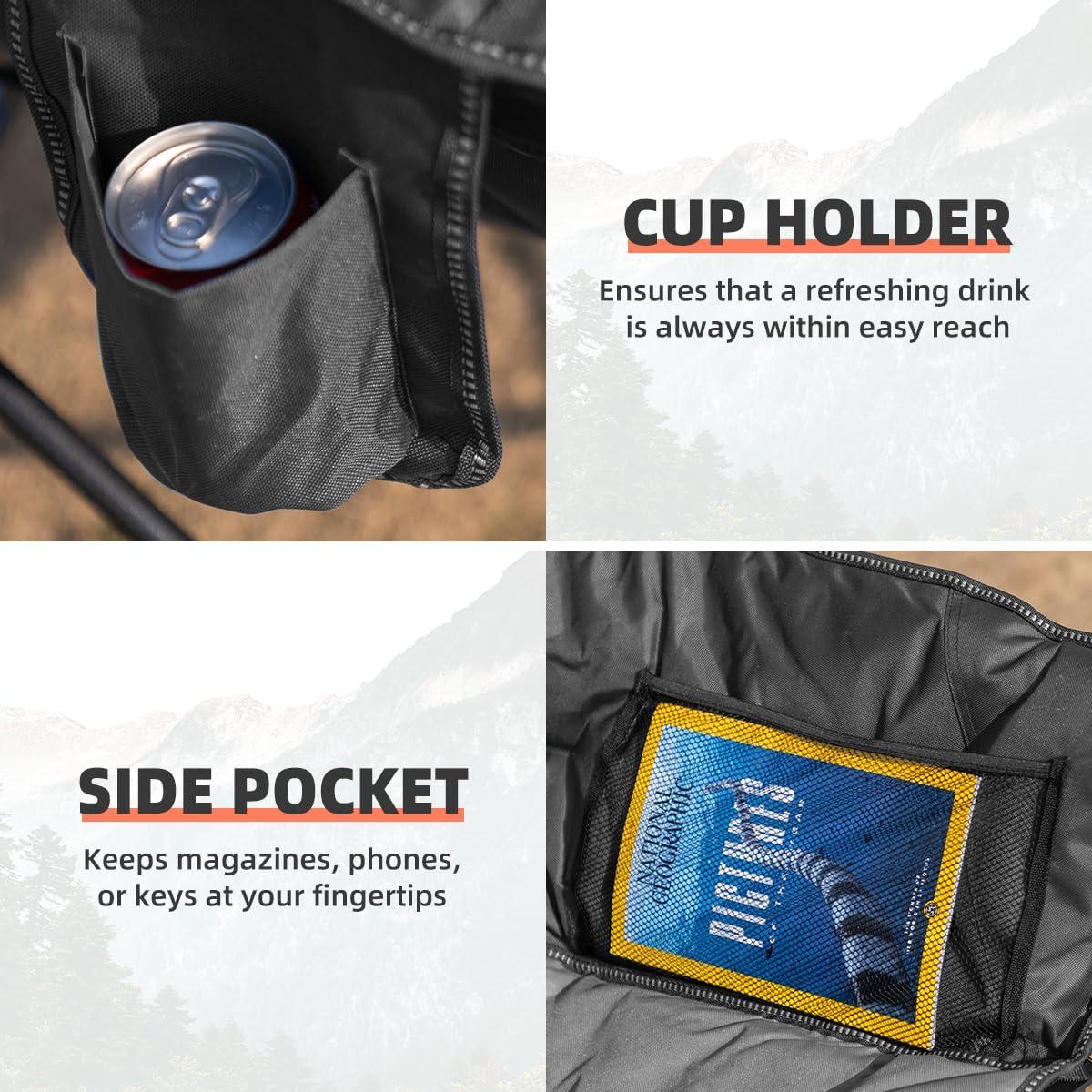 Oversized Camping Chair Padded Moon Round Saucer Chair with Cup Holder and Carry Bag Folding Comfy Sofa Chair for Lawn Patio Sports, Supports 500lbs, Black & Gray