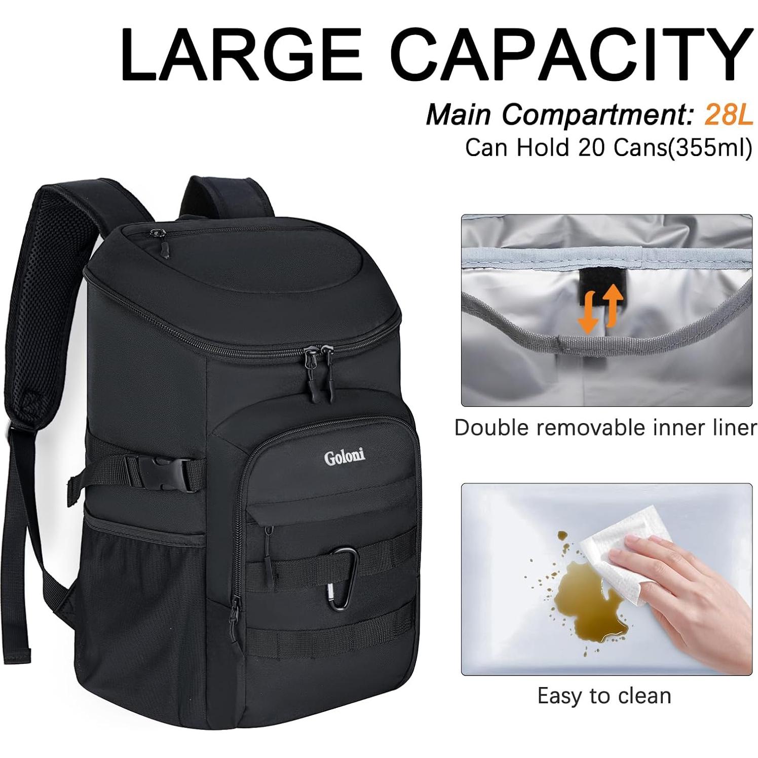 Mochila Enfriadora Aislada Goloni Negra 25L para Camping y Picnic