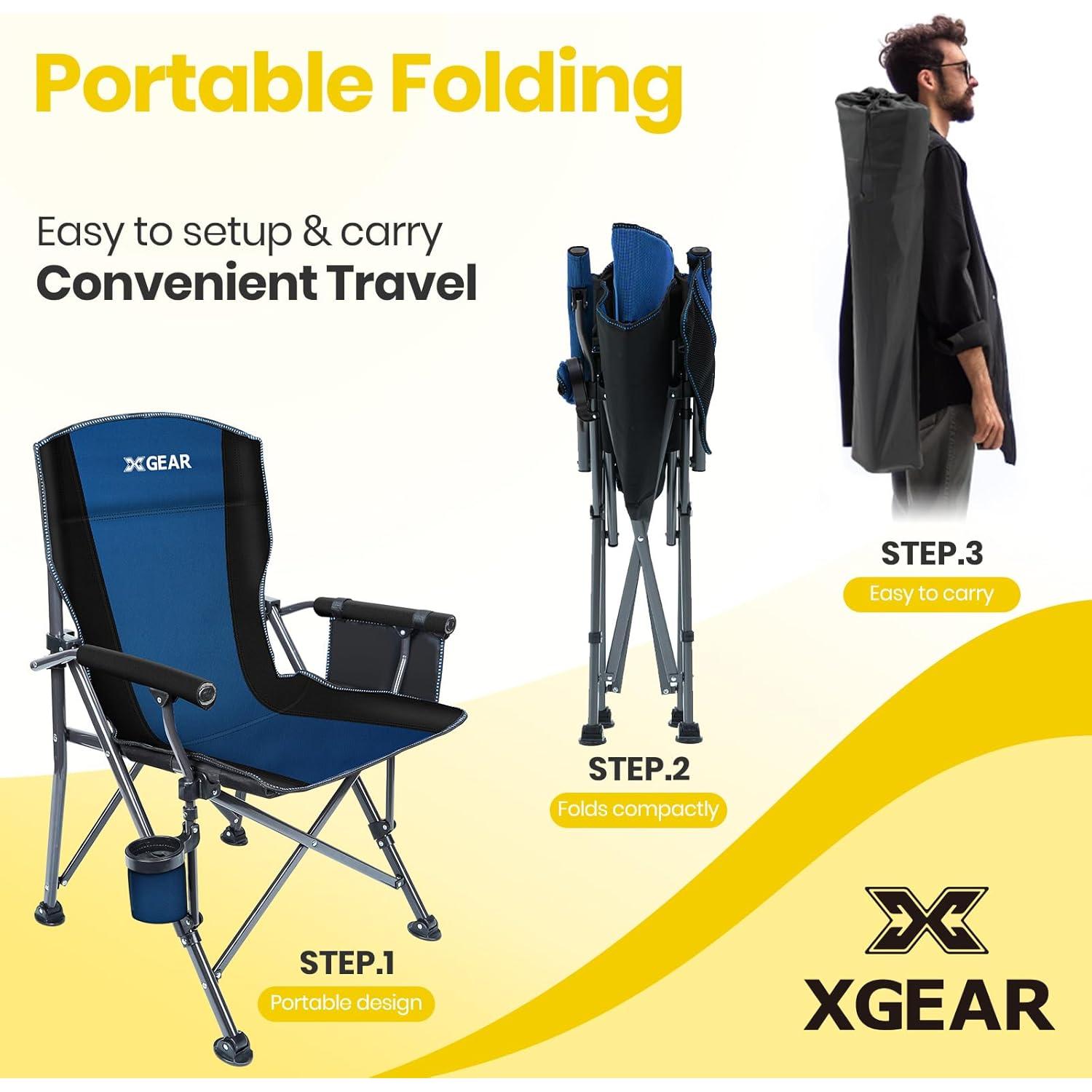 Silla de Camping Plegable XGEAR con Reposabrazos y Portavasos