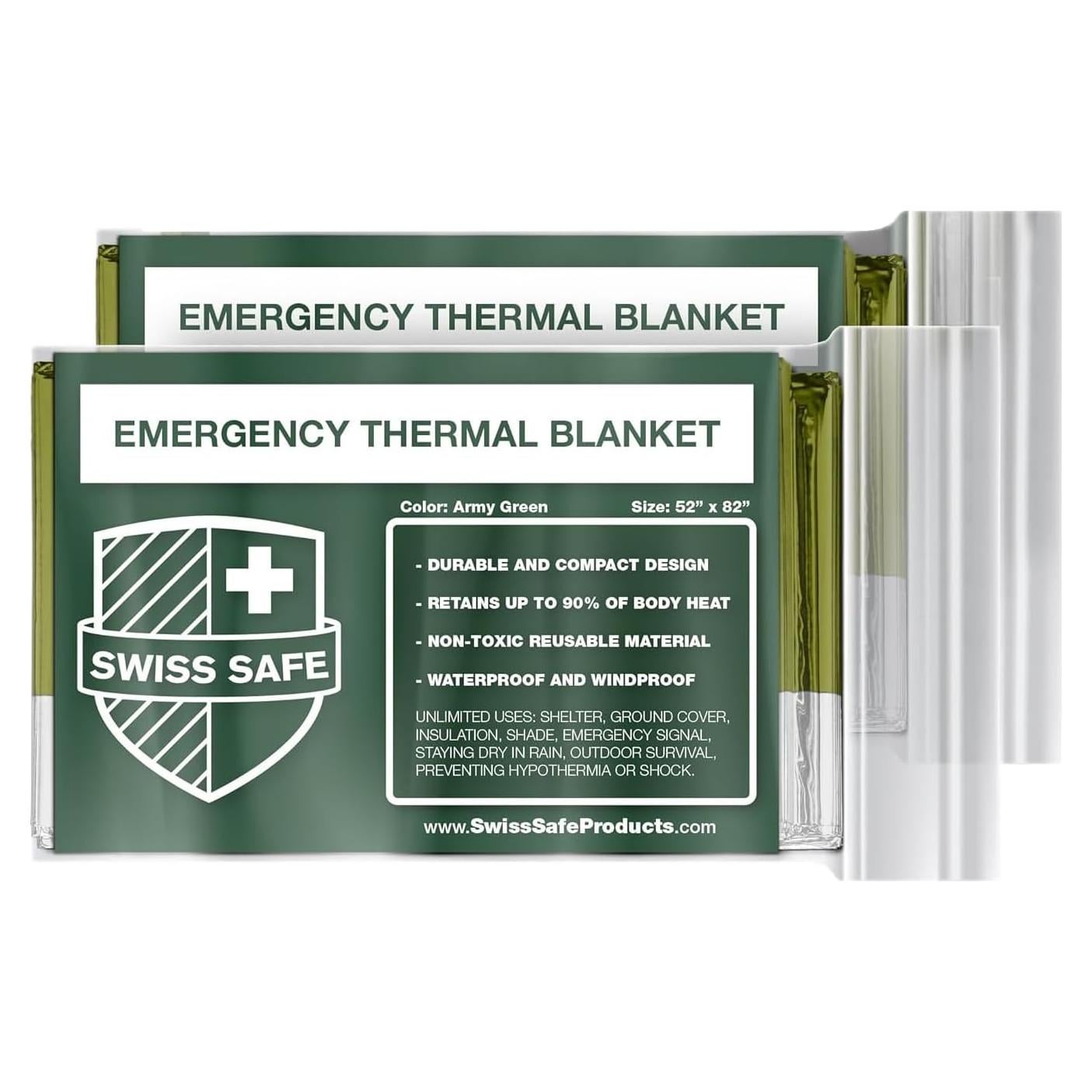 Mantas de Emergencia Mylar Swiss Safe 2 Paquete Verde Militar