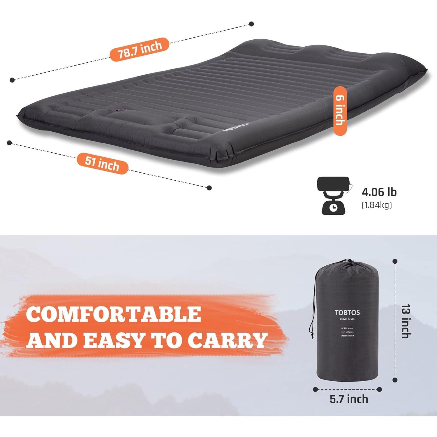 TOBTOS Double Sleeping Pad for Camping, Extra Thick 6" Camping Mattress 2 Person with Pillow Built-in Foot Pump, Inflatable Sleeping Mat for Camp, Backpacking, Hiking, Traveling