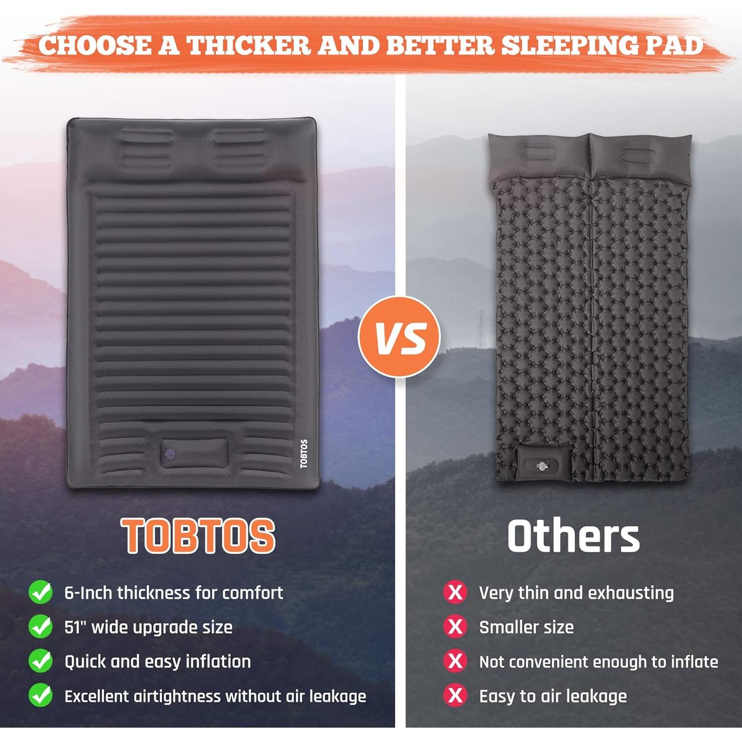 TOBTOS Double Sleeping Pad for Camping, Extra Thick 6" Camping Mattress 2 Person with Pillow Built-in Foot Pump, Inflatable Sleeping Mat for Camp, Backpacking, Hiking, Traveling