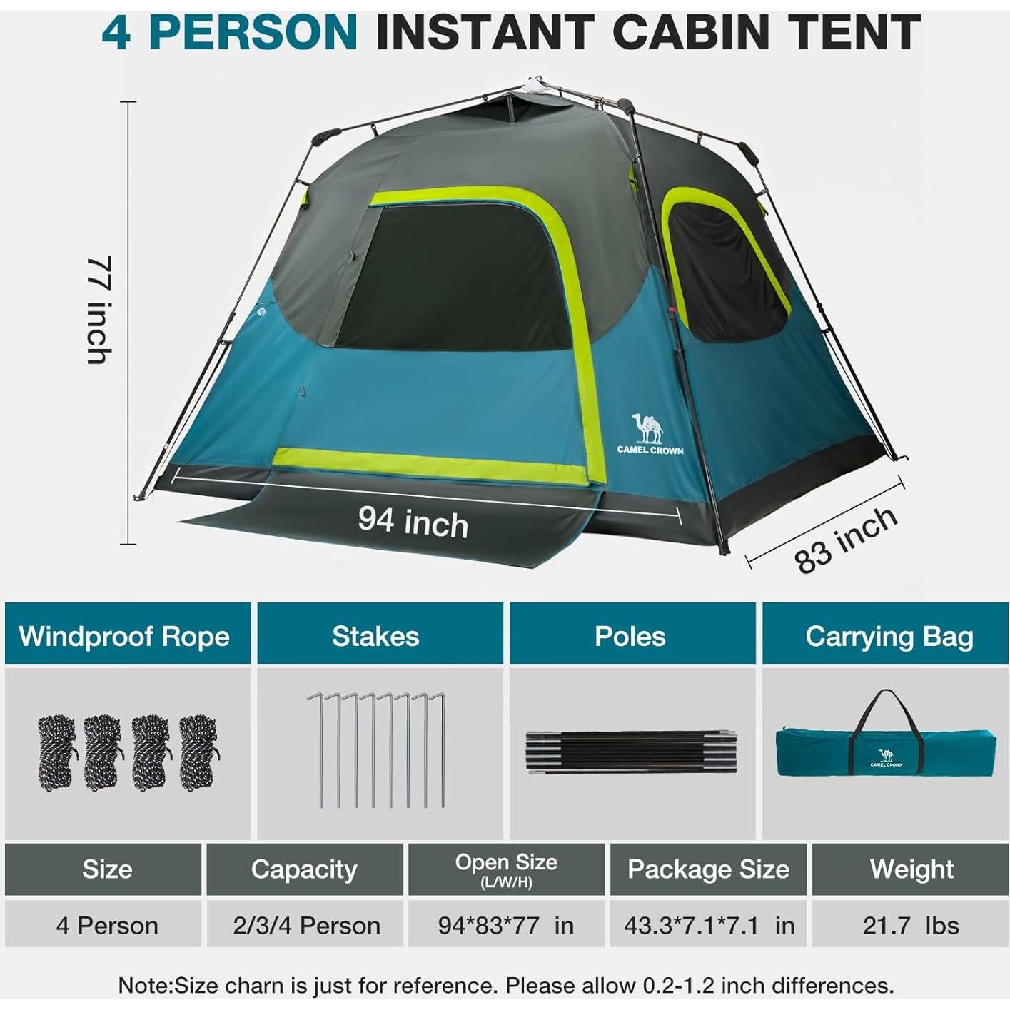 Tienda de Camping Instantánea CAMEL CROWN 4 Personas Impermeable