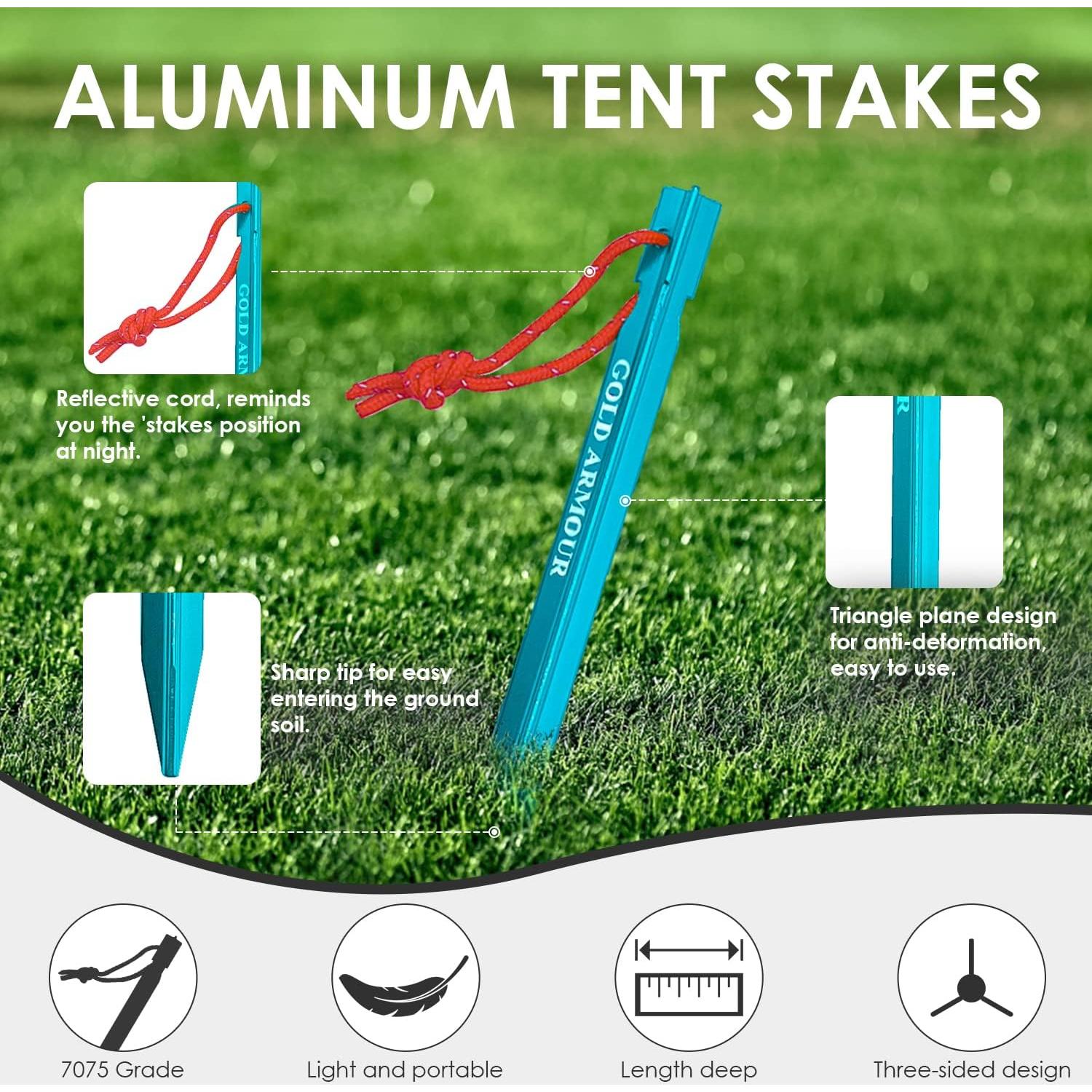 Estacas para Tienda Gold Armour - 12 Estacas de Aluminio 17.78 cm