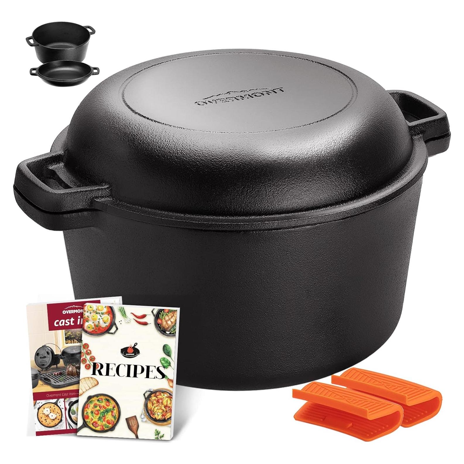 Overmont 2 in 1 Pre Seasoned Dutch Oven with Skillet Lid for Induction, Electric, Grill, Stovetop, BBQ, Camping (5 Quart)
