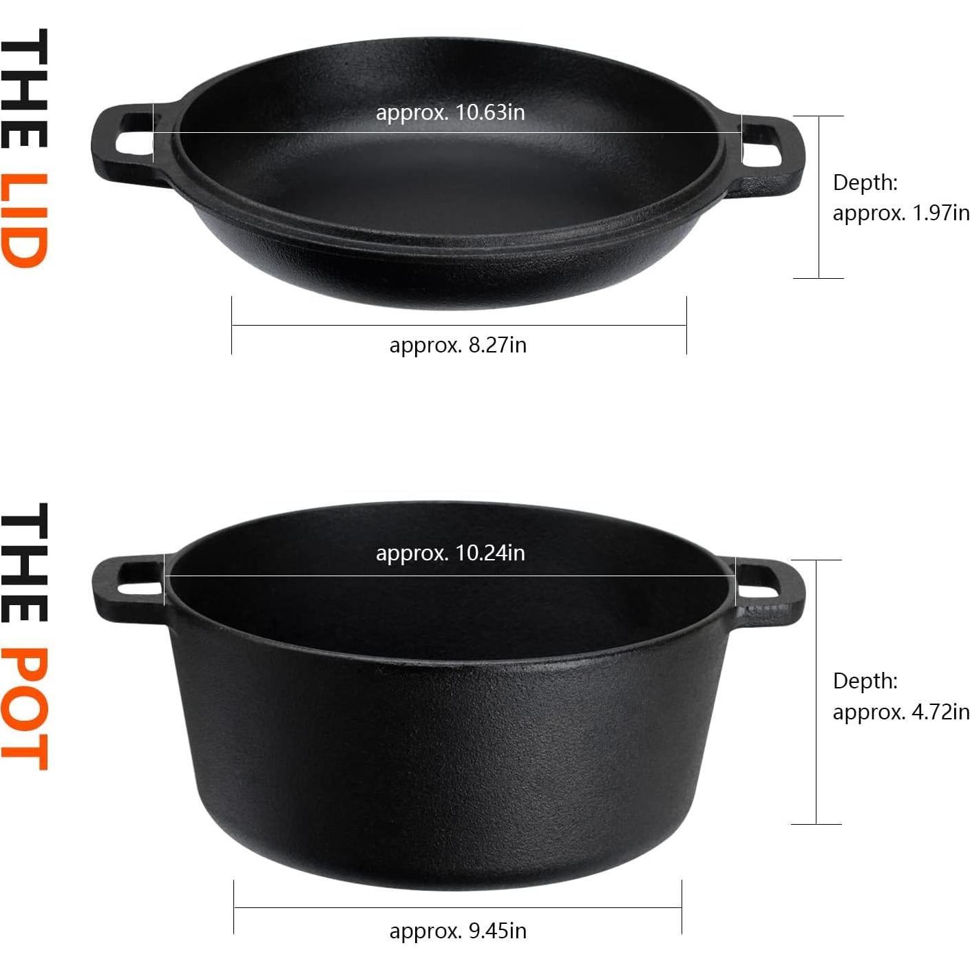 Overmont 2 in 1 Pre Seasoned Dutch Oven with Skillet Lid for Induction, Electric, Grill, Stovetop, BBQ, Camping (5 Quart)