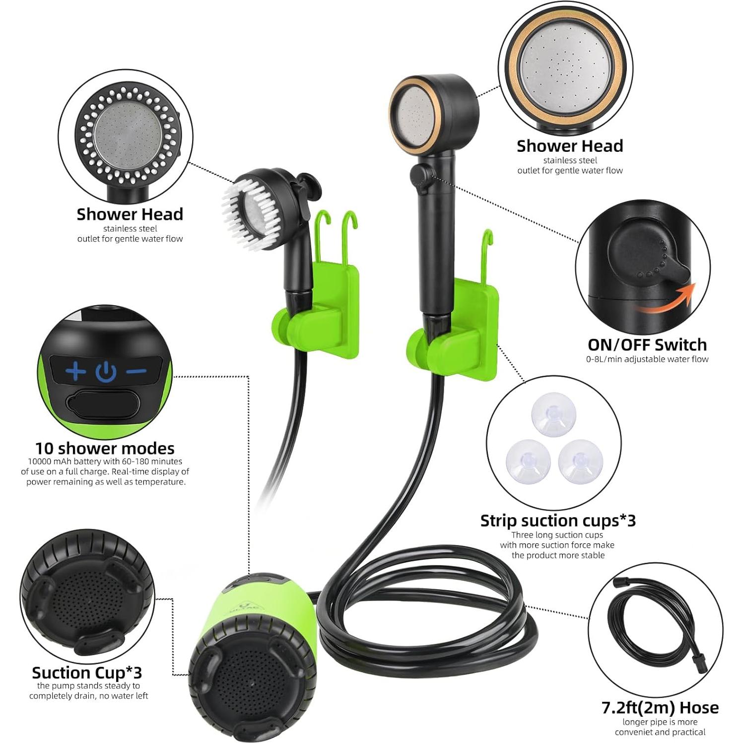 Ducha Portátil ULTAC 10000mAh IPX7 con Pantalla LED Verde