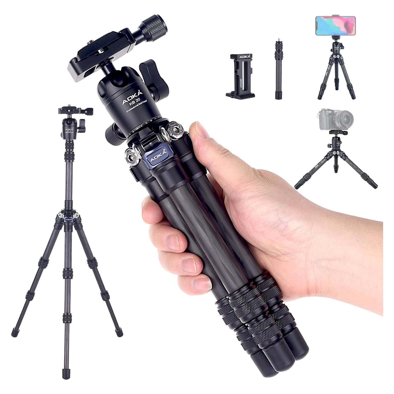 AOKA 15.75in/0.99lb Mini Carbon Fiber Tripod, Compact Pocket Travel Tabletop Tripod Stand for Phone, SLR, Digital Camera,Projector, Webcam, with Metal Phone Mount & Extended Center Shaft Rod