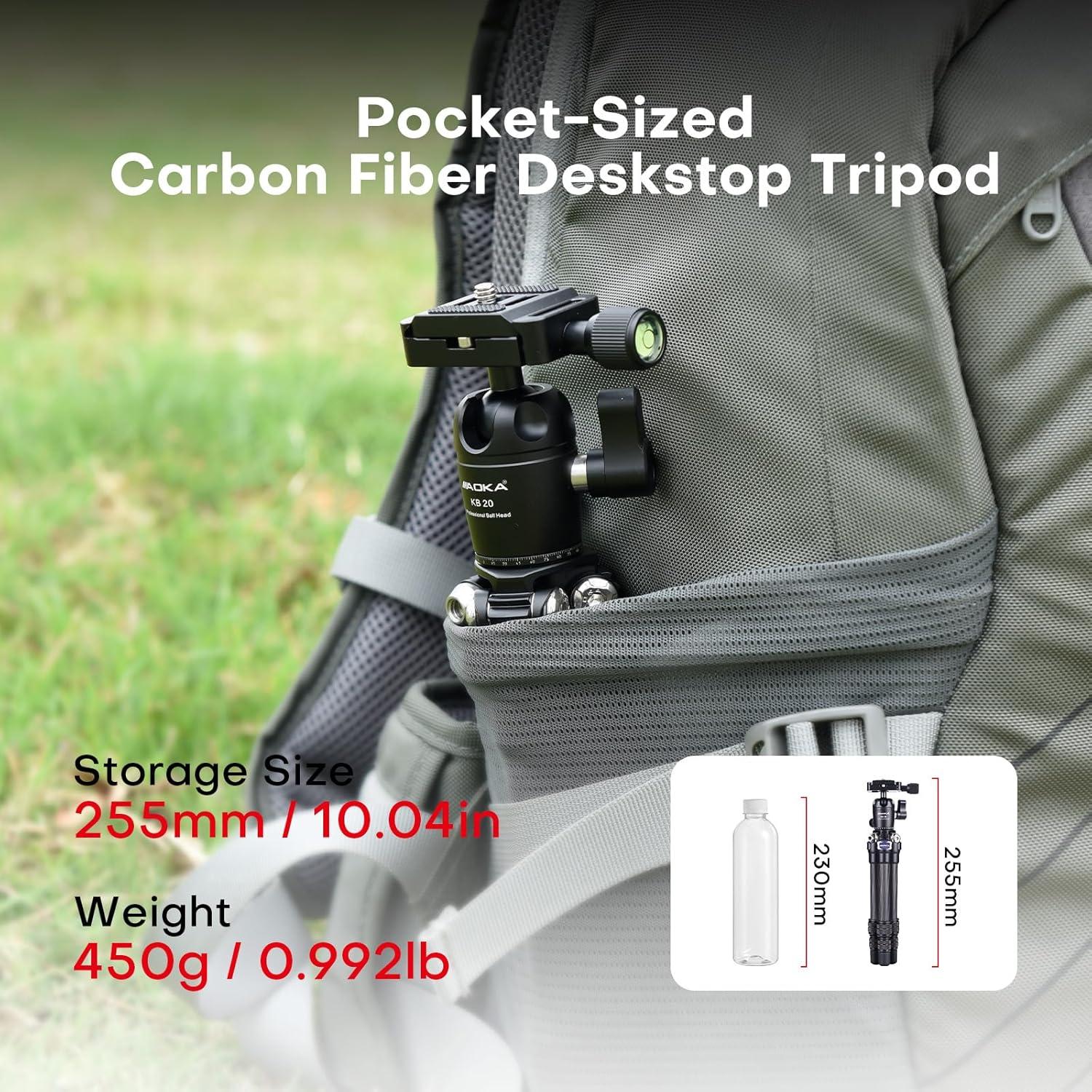 AOKA 15.75in/0.99lb Mini Carbon Fiber Tripod, Compact Pocket Travel Tabletop Tripod Stand for Phone, SLR, Digital Camera,Projector, Webcam, with Metal Phone Mount & Extended Center Shaft Rod