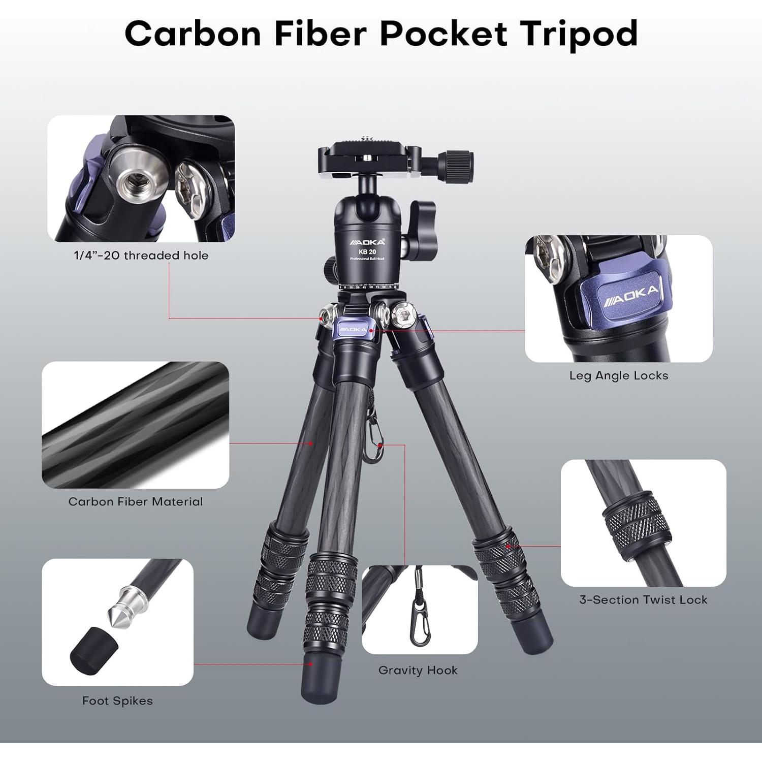 AOKA 15.75in/0.99lb Mini Carbon Fiber Tripod, Compact Pocket Travel Tabletop Tripod Stand for Phone, SLR, Digital Camera,Projector, Webcam, with Metal Phone Mount & Extended Center Shaft Rod