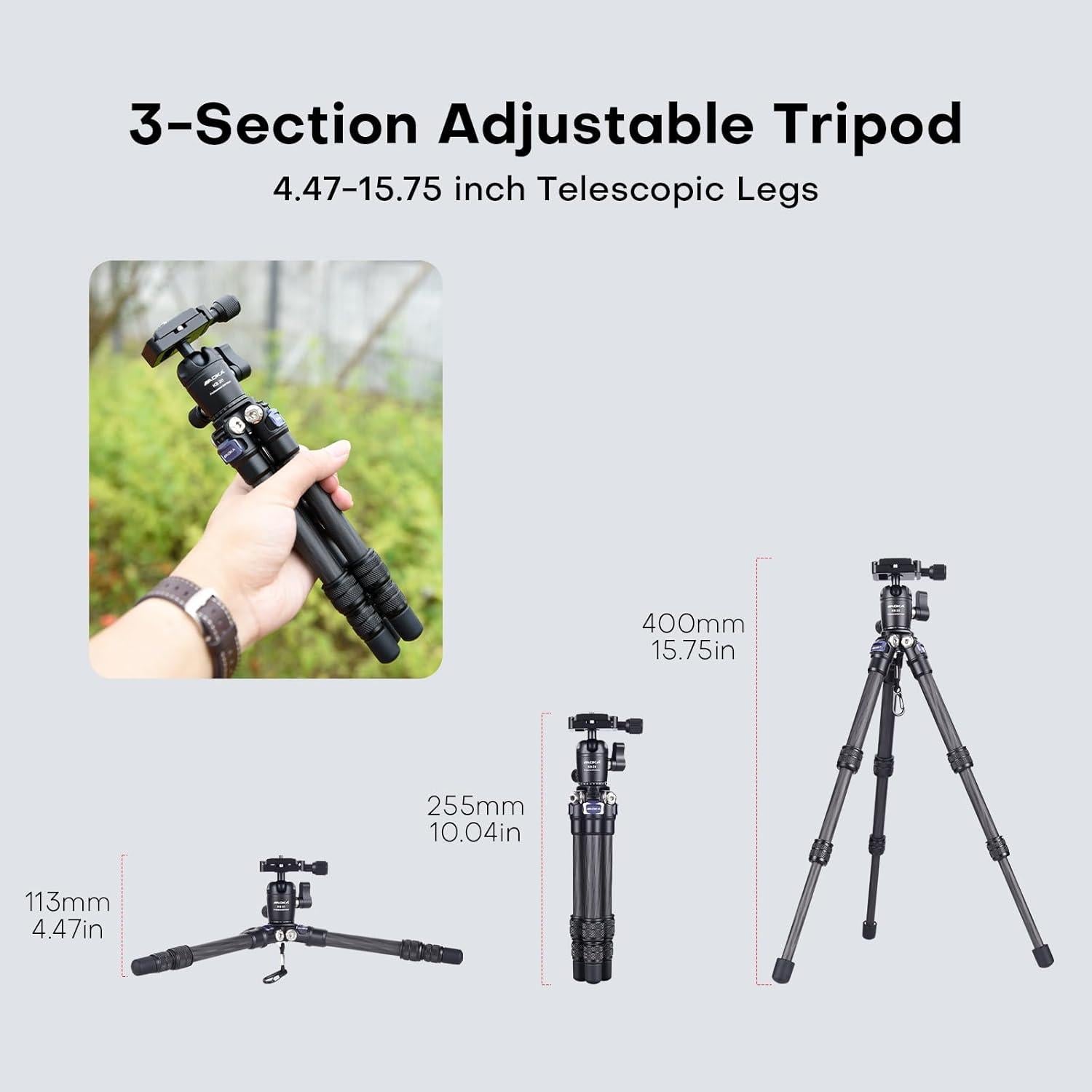 AOKA 15.75in/0.99lb Mini Carbon Fiber Tripod, Compact Pocket Travel Tabletop Tripod Stand for Phone, SLR, Digital Camera,Projector, Webcam, with Metal Phone Mount & Extended Center Shaft Rod