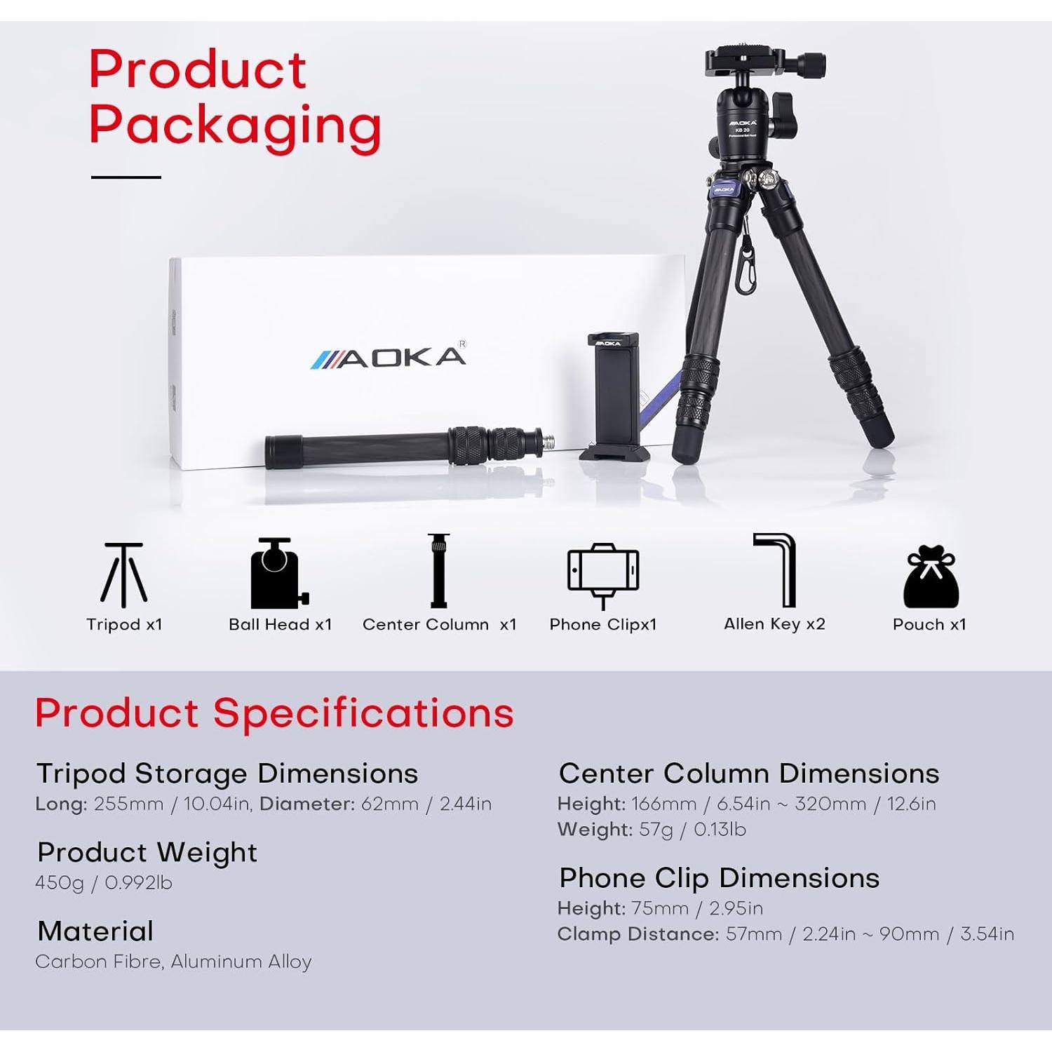 AOKA 15.75in/0.99lb Mini Carbon Fiber Tripod, Compact Pocket Travel Tabletop Tripod Stand for Phone, SLR, Digital Camera,Projector, Webcam, with Metal Phone Mount & Extended Center Shaft Rod