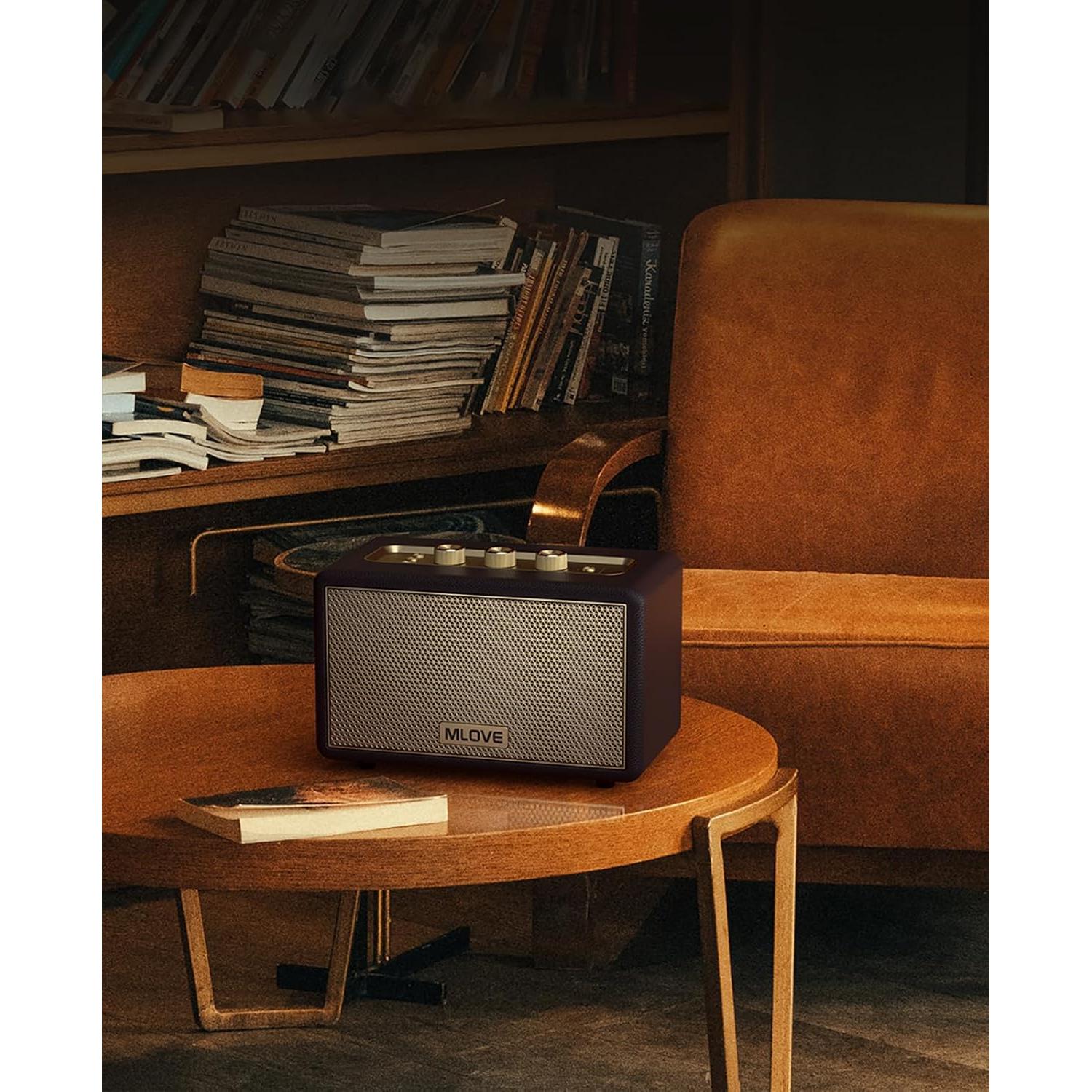 MLOVE A200 Portable Retro Bluetooth Speaker with Aux Input, USB Port, Micro SD Card Slot - Decorative Wireless Bookshelf Speakers for Home & Office, Battery Powered, Black and Gold