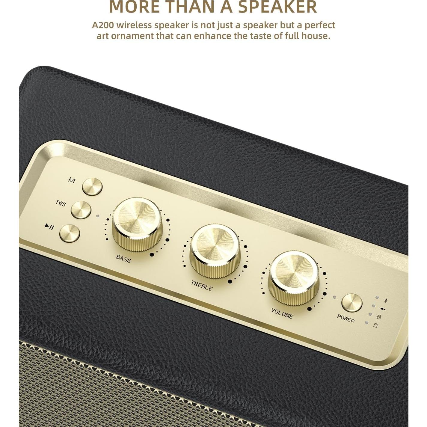 MLOVE A200 Portable Retro Bluetooth Speaker with Aux Input, USB Port, Micro SD Card Slot - Decorative Wireless Bookshelf Speakers for Home & Office, Battery Powered, Black and Gold