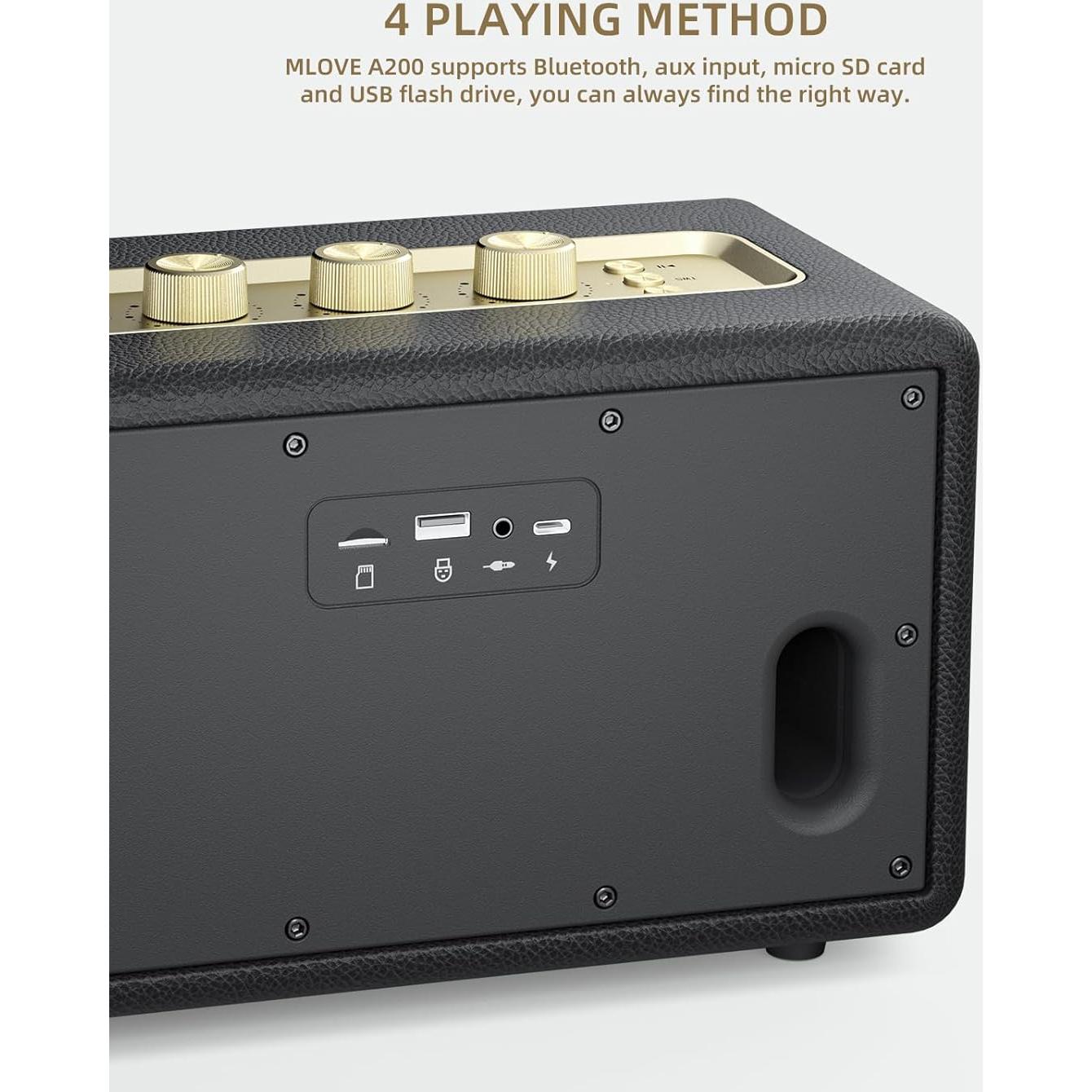 MLOVE A200 Portable Retro Bluetooth Speaker with Aux Input, USB Port, Micro SD Card Slot - Decorative Wireless Bookshelf Speakers for Home & Office, Battery Powered, Black and Gold