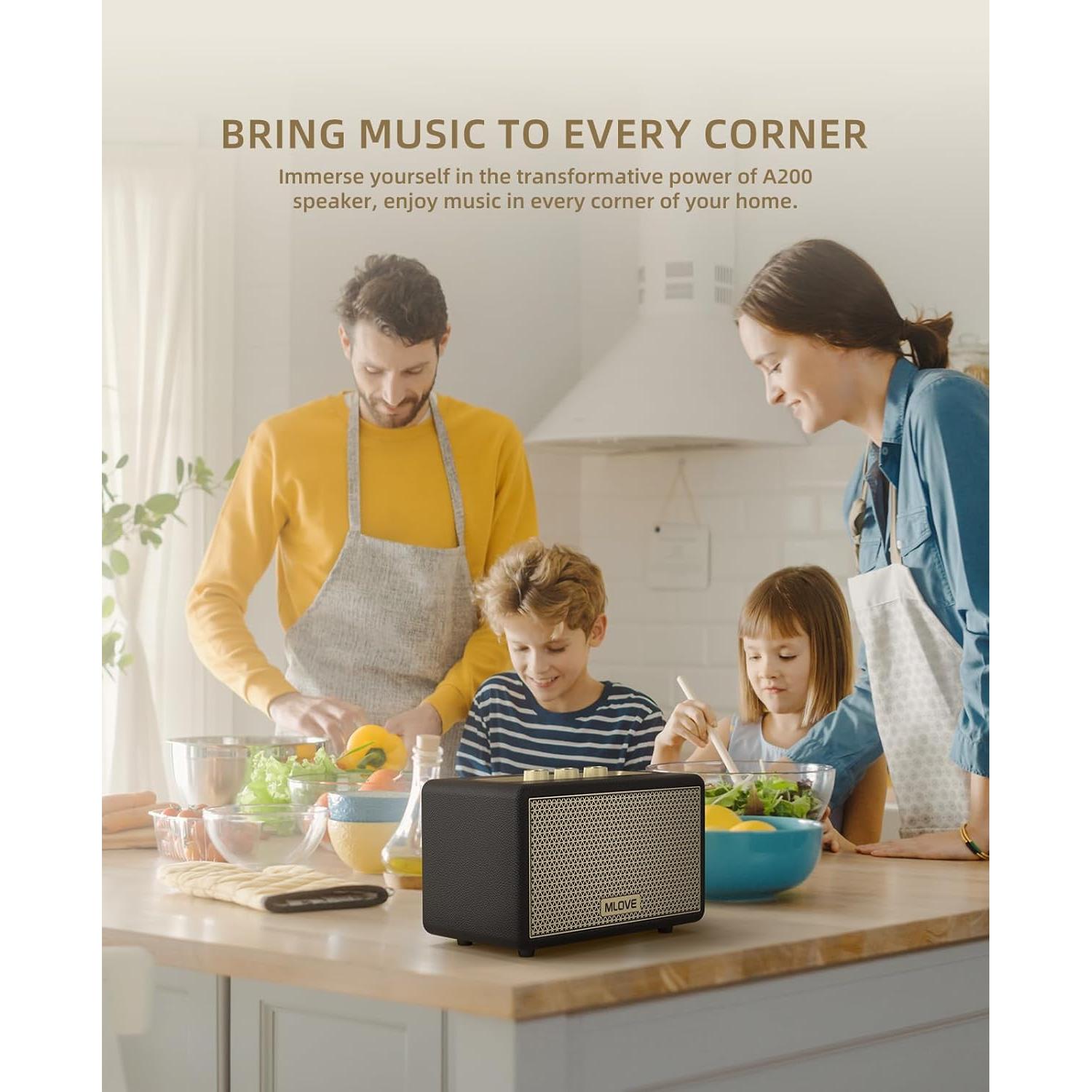 MLOVE A200 Portable Retro Bluetooth Speaker with Aux Input, USB Port, Micro SD Card Slot - Decorative Wireless Bookshelf Speakers for Home & Office, Battery Powered, Black and Gold