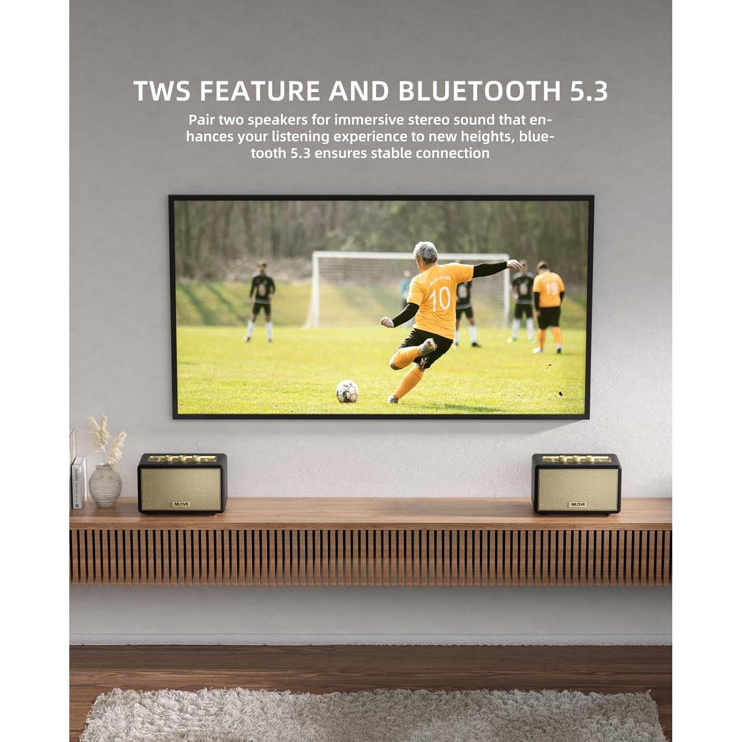 MLOVE A200 Portable Retro Bluetooth Speaker with Aux Input, USB Port, Micro SD Card Slot - Decorative Wireless Bookshelf Speakers for Home & Office, Battery Powered, Black and Gold