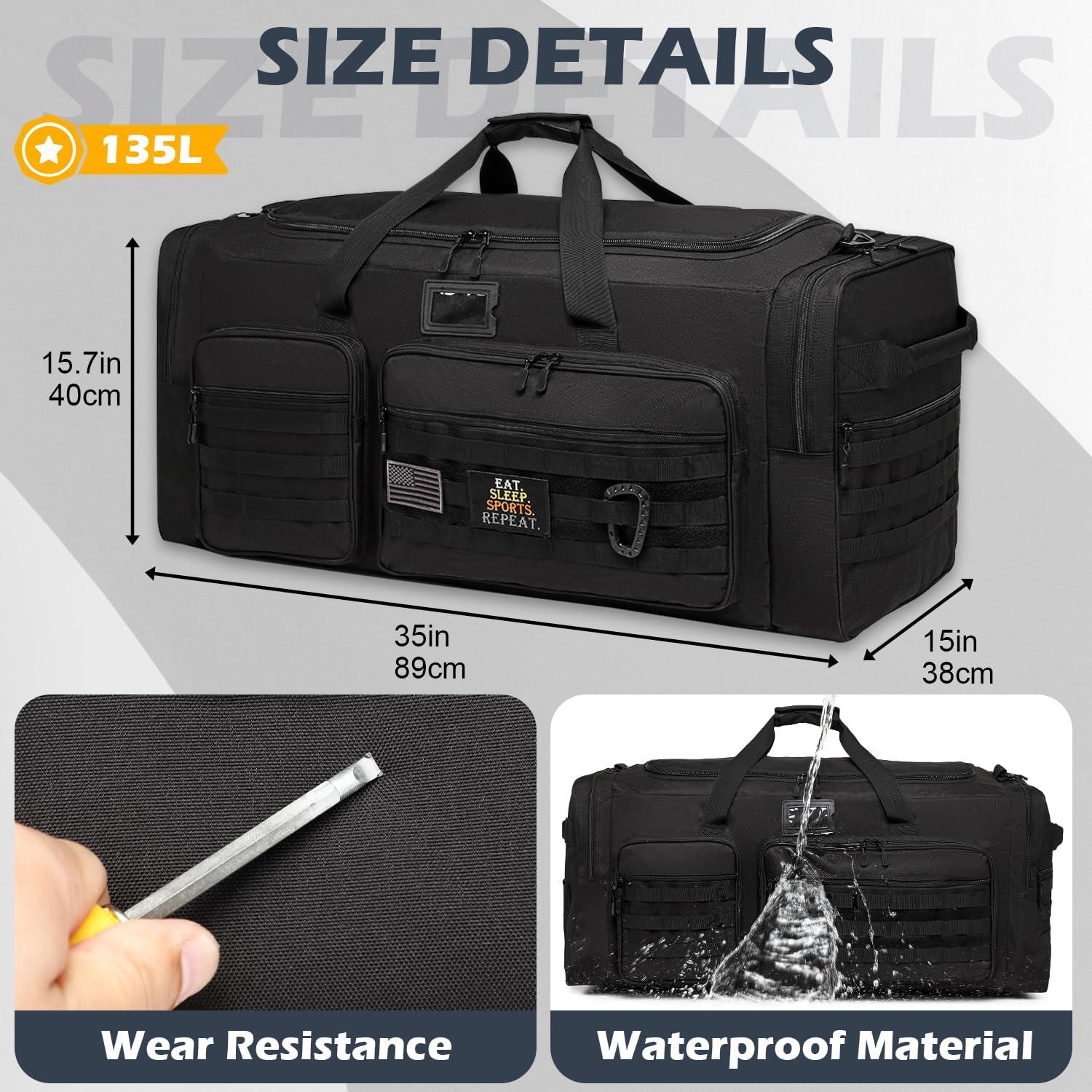 Bolsa de viaje táctica SunForMorning 135L negra con bolsillo aislado