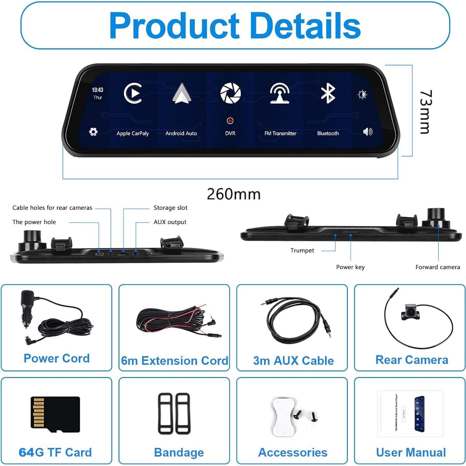 Cámara de Espejo Retrovisor Hikity 9.66" 2.5K con Carplay