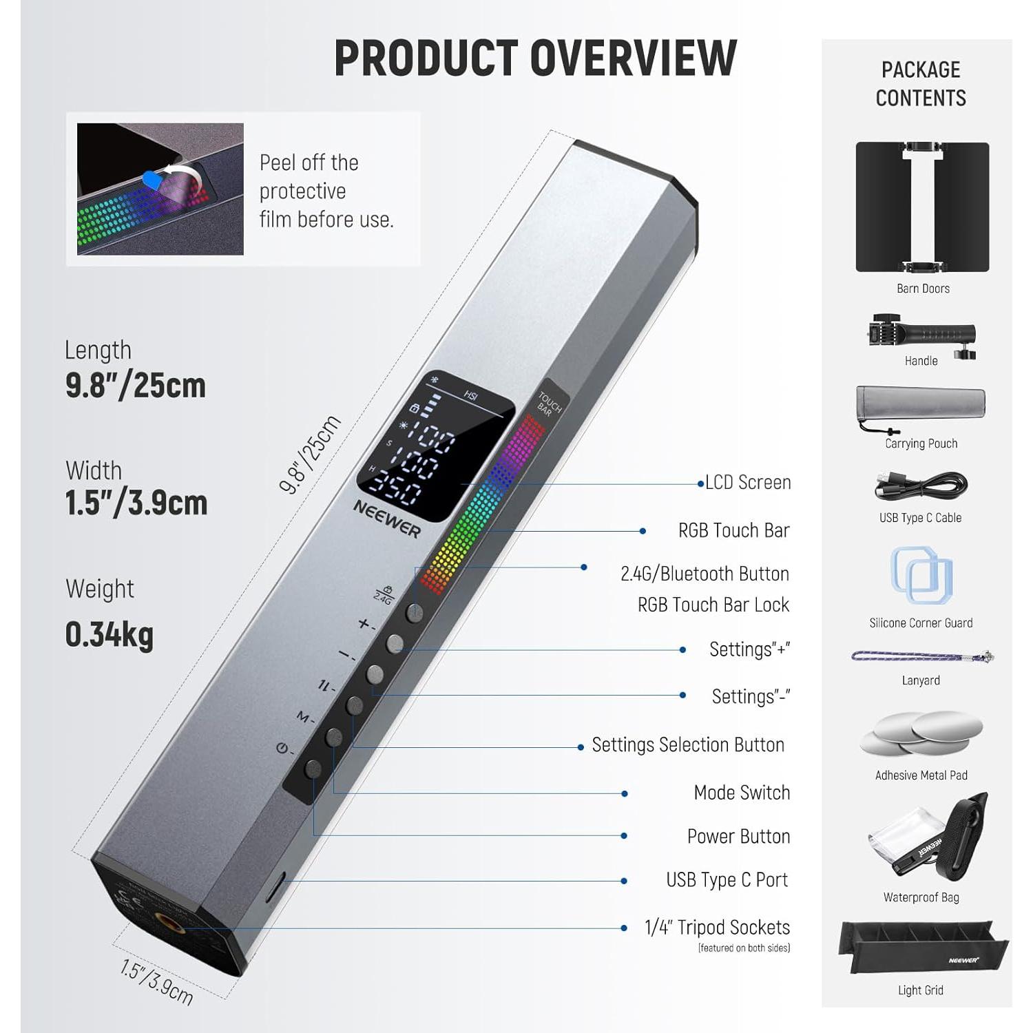 Tubo de Luz LED NEEWER RGB1 Portátil con Barndoor y Control APP