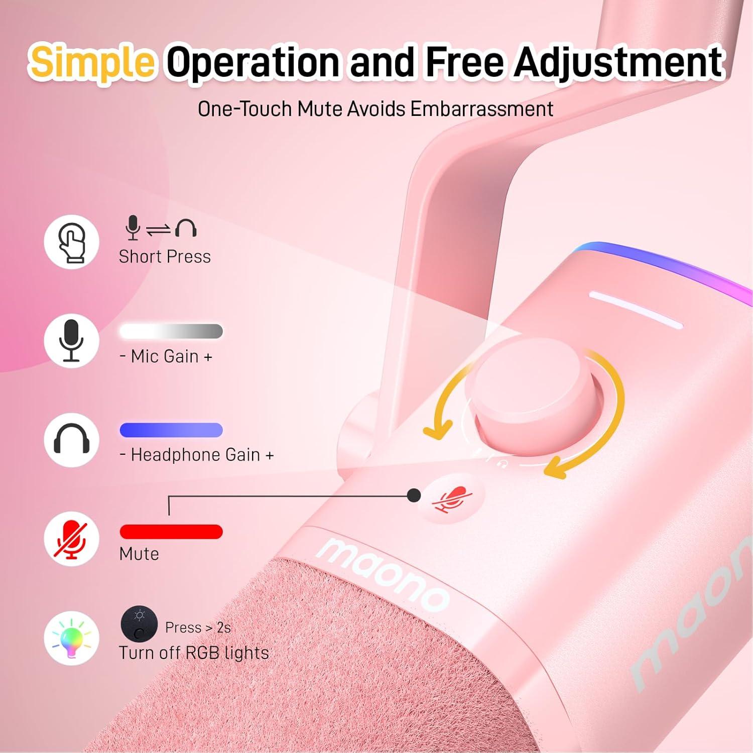 Micrófono Dinámico USB/XLR MAONO PD100XS Rosa para Gaming