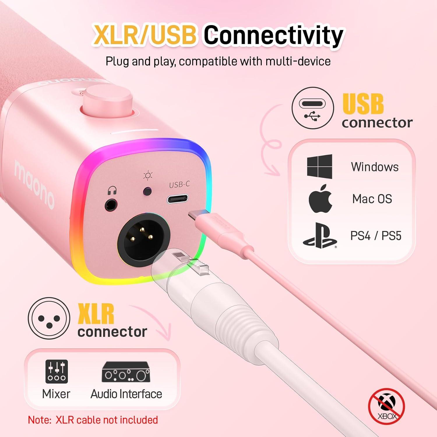 Micrófono Dinámico USB/XLR MAONO PD100XS Rosa para Gaming