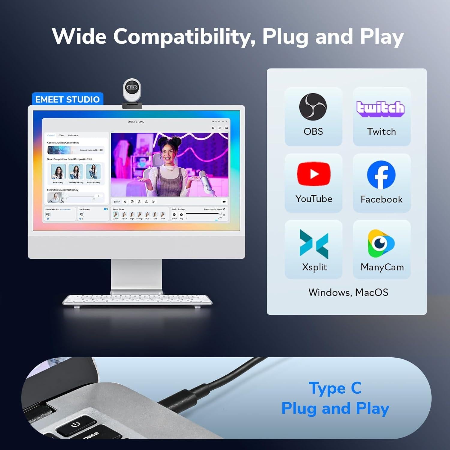 Webcam 4K EMEET Piko Doble con IA, 3 Micrófonos, USB