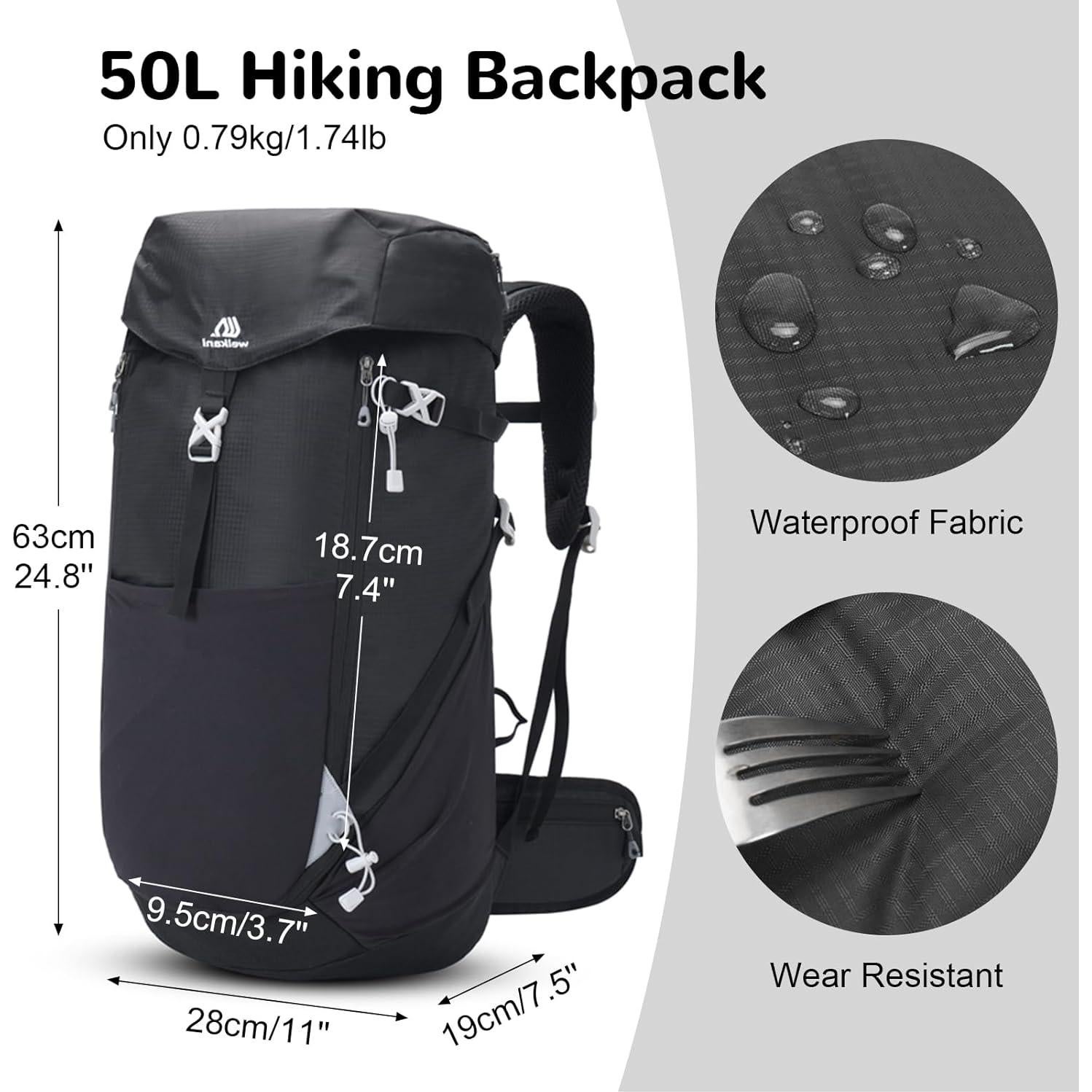 Mochila de Senderismo 50L Outplea Impermeable Unisex Negra